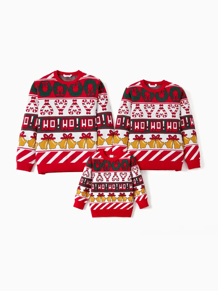 Christmas Family Matching Tops Allover Xmas Bell & Candy Cane Sweater 