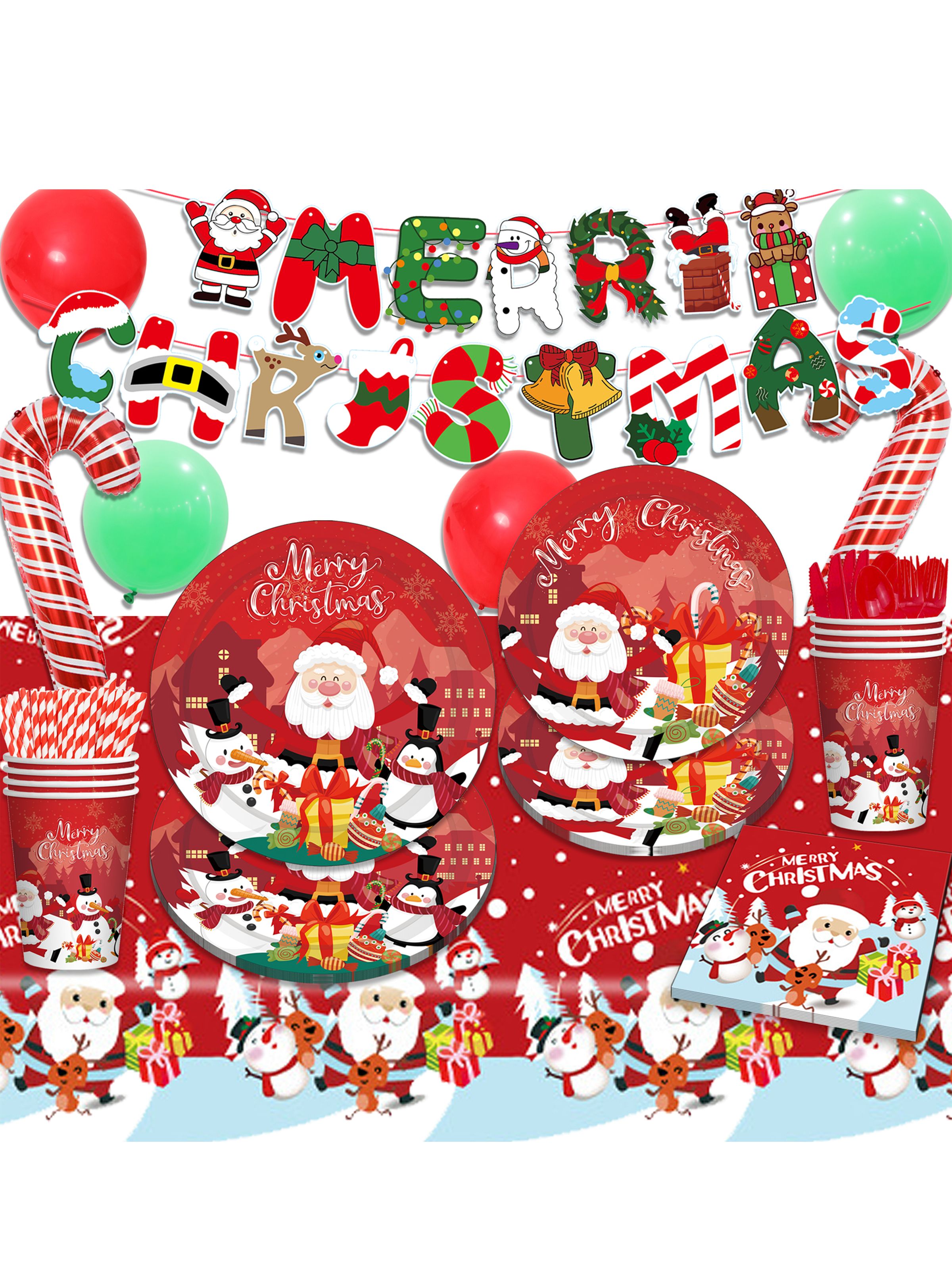 

Combo Red Cartoon Santa Claus Themed Holiday Party Decoration Set: Paper Plates, Cups, Tablecloth, Cutlery, and Balloons