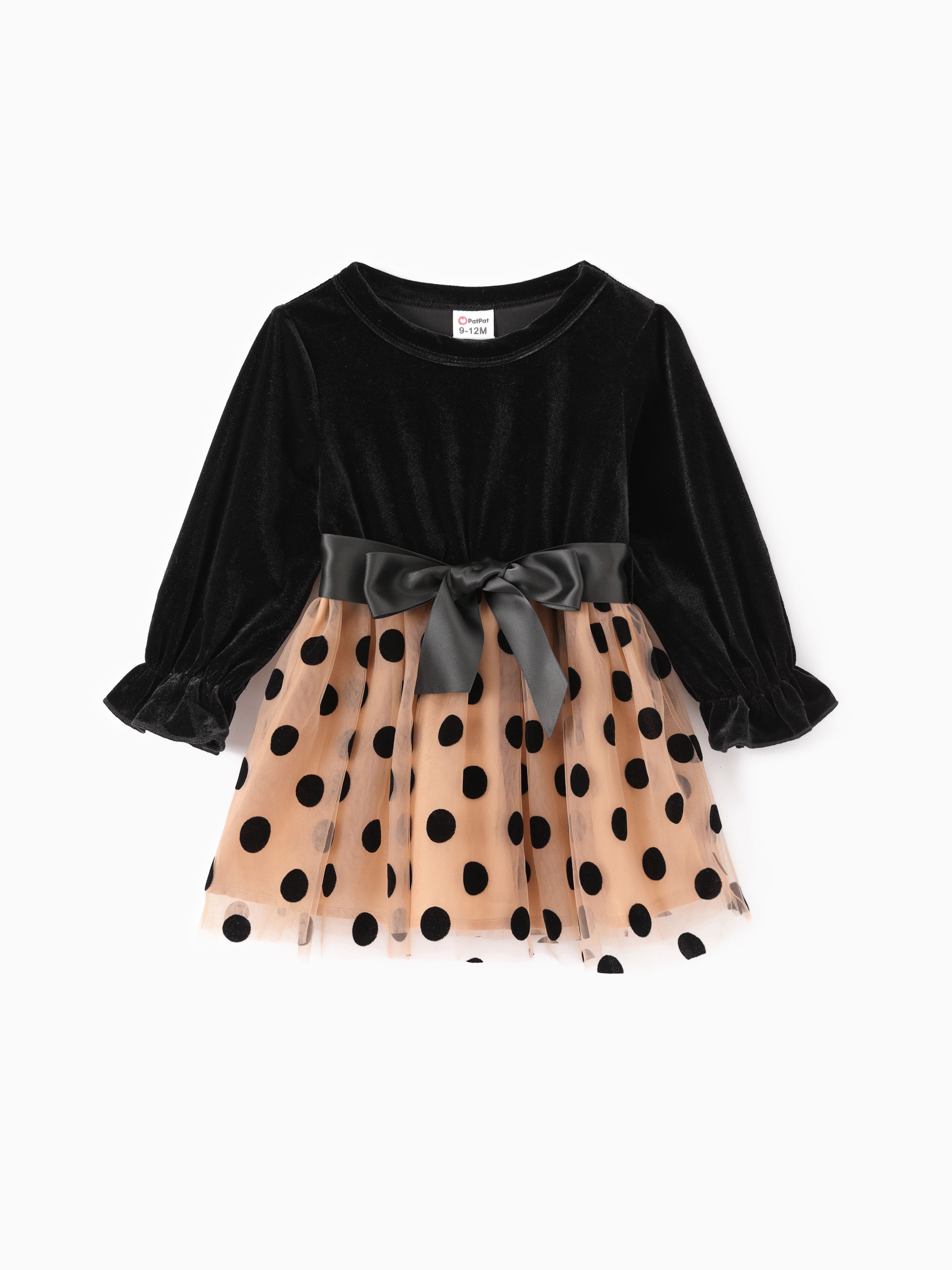 

2pcs Baby Girl Polka Dot Multi-layered Velvet material Dress With Belt