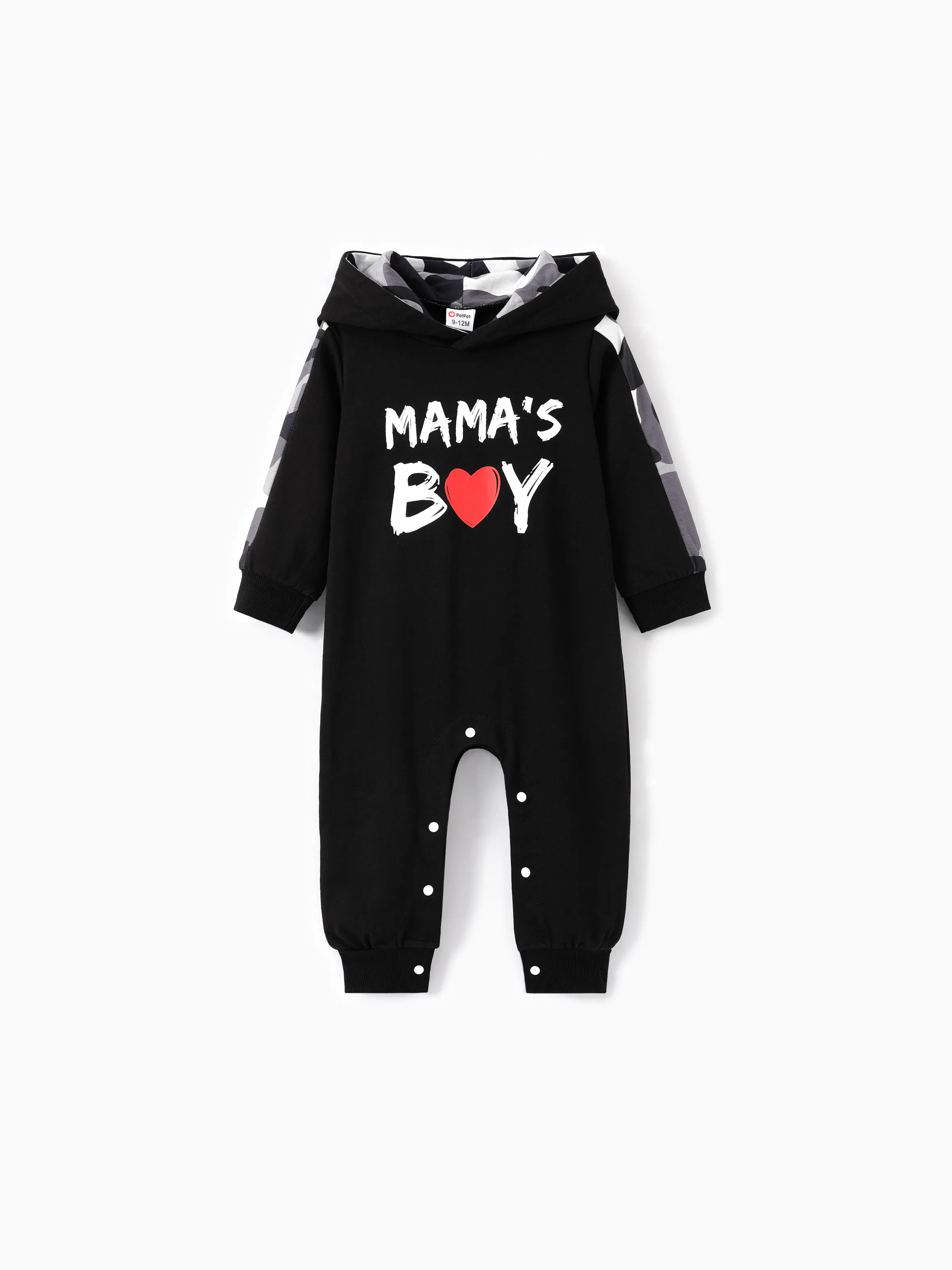 

Baby Boy Letter Print 3D Ears Detail Camouflage Lined Hooded Fleece Spliced Long-sleeve Jumpsuit