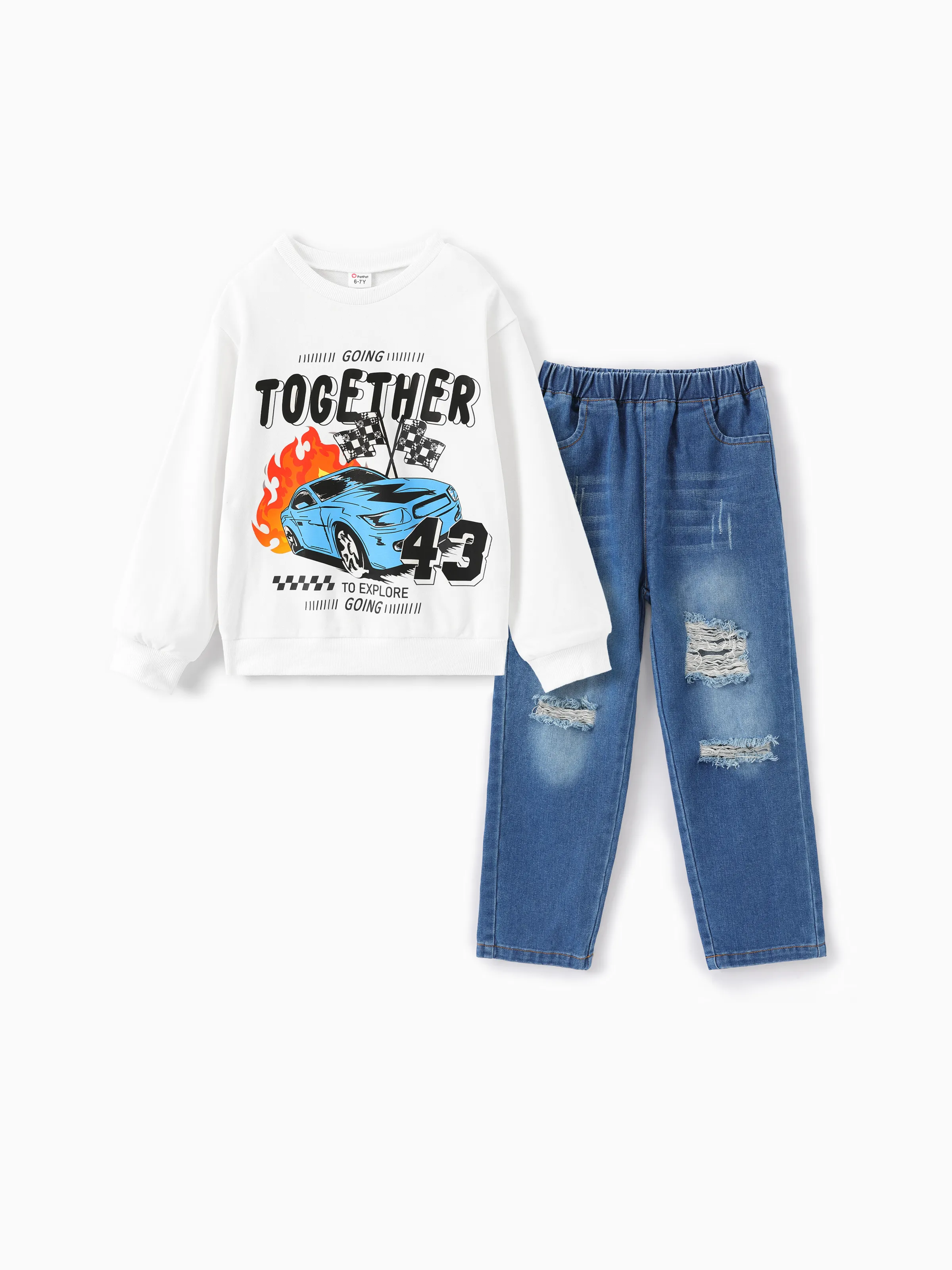 

2pcs Kid boy Avant-garde Vehicle print Sweatshirt and Denim Jeans Set