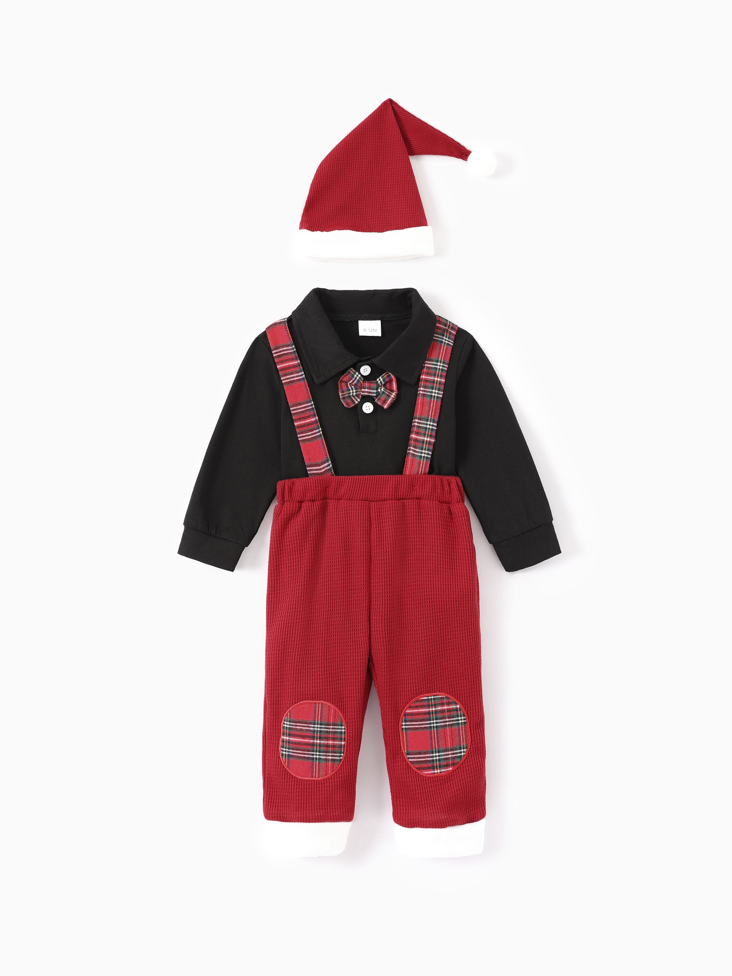 

Christmas 3pcs Baby Boy 95% Cotton Long-sleeve Bow Tie Romper and Red Plaid Spliced Waffle Suspender Pants with Hat Set