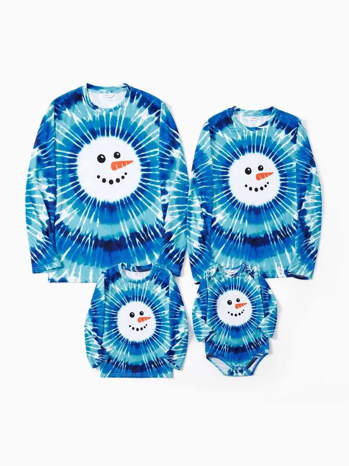 Top di Natale Famiglia Abbinato Blu Tie-Dye Pupazzo di Neve Maniche Lunghe Felpa / Pagliaccetto