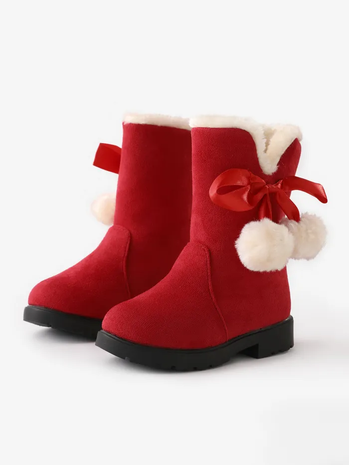 botas de nieve rojas con decoración de pompones navideños para niños pequeños / niños