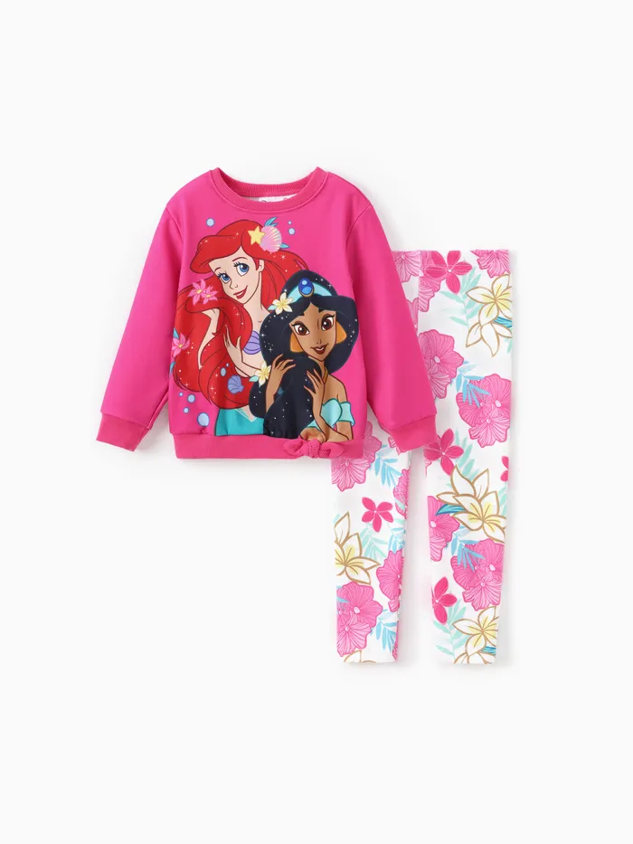 Princesa Disney Niña Pequeña 2pcs Naia™ Ariel Y Jazmín Patrón Floral Bowknot Sudadera Y Polainas Conjunto 