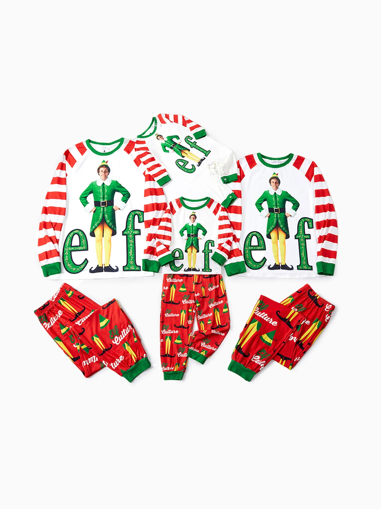 ELF Family Matching Christmas Character Striped Print Colorblock Pajamas Set (Flame Resistant) 