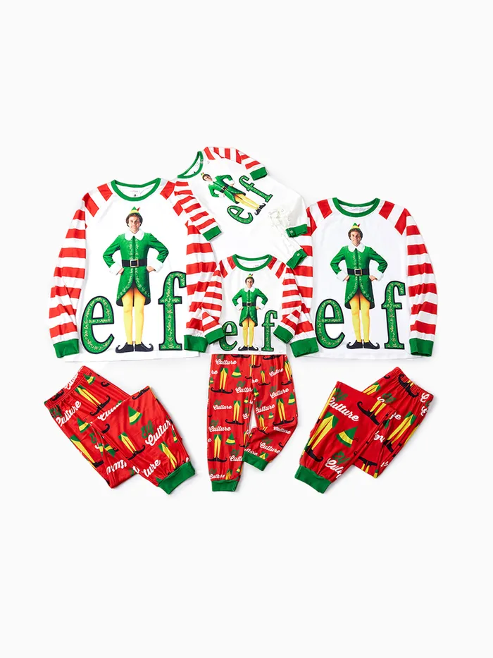 Juego de pijamas con estampado de rayas y bloques de color con estampado de caracteres navideños a juego de la familia ELF (resistente al fuego) 