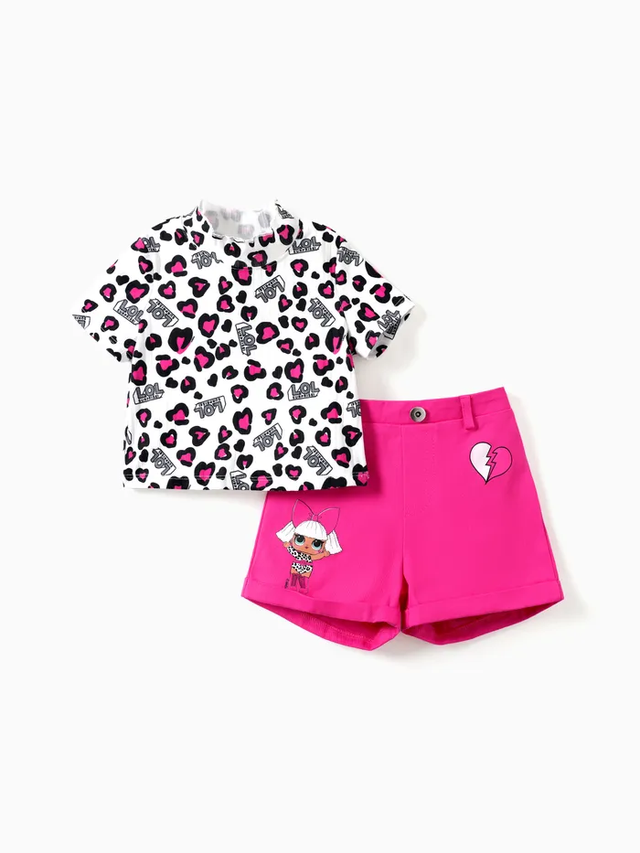 L.O.L. ÜBERRASCHUNG! 2pcs Kleinkind Mädchen Rosa Leopard Print Top und Charakterdruck Shorts Set