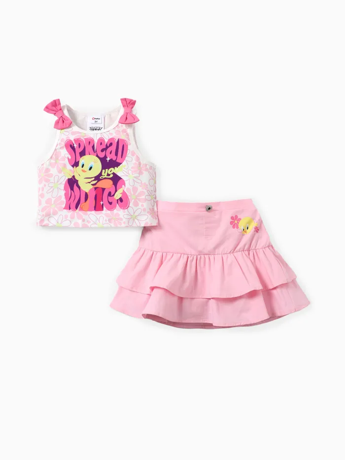 Looney Tunes Toddler/Kid Girl Bow Top with Floral Print Skirt Set
