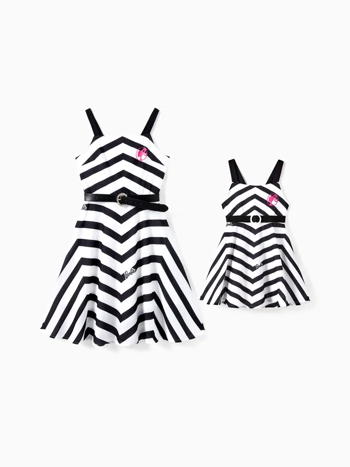 Barbie Mommy and Me 2pcs Vintage Doll Stripe Print Movie-Inspired Fashionable Belted Sleeveless Dress 