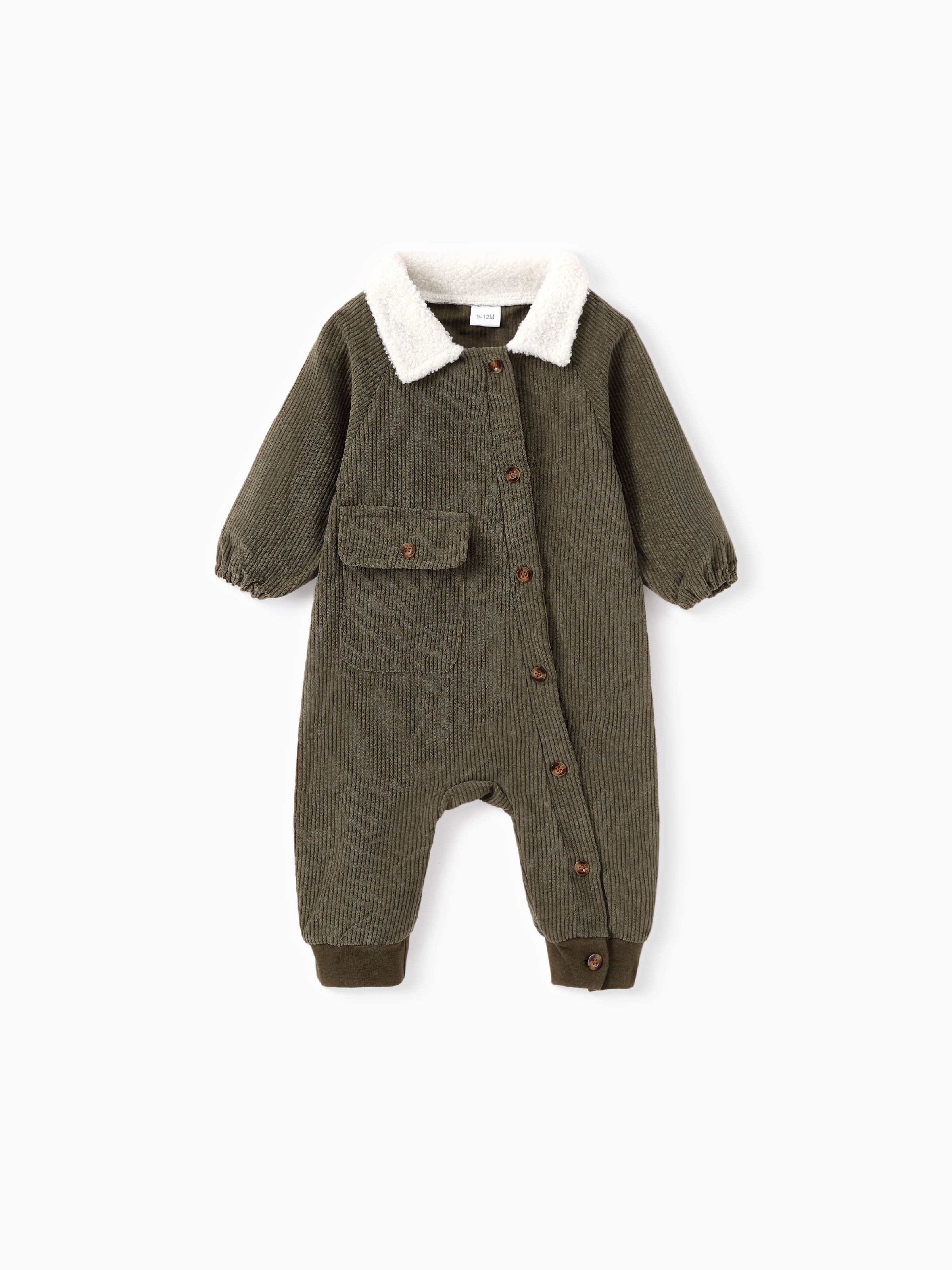 

Baby Boy Fleece Lapel Collar Solid Corduroy Long-sleeve Jumpsuit