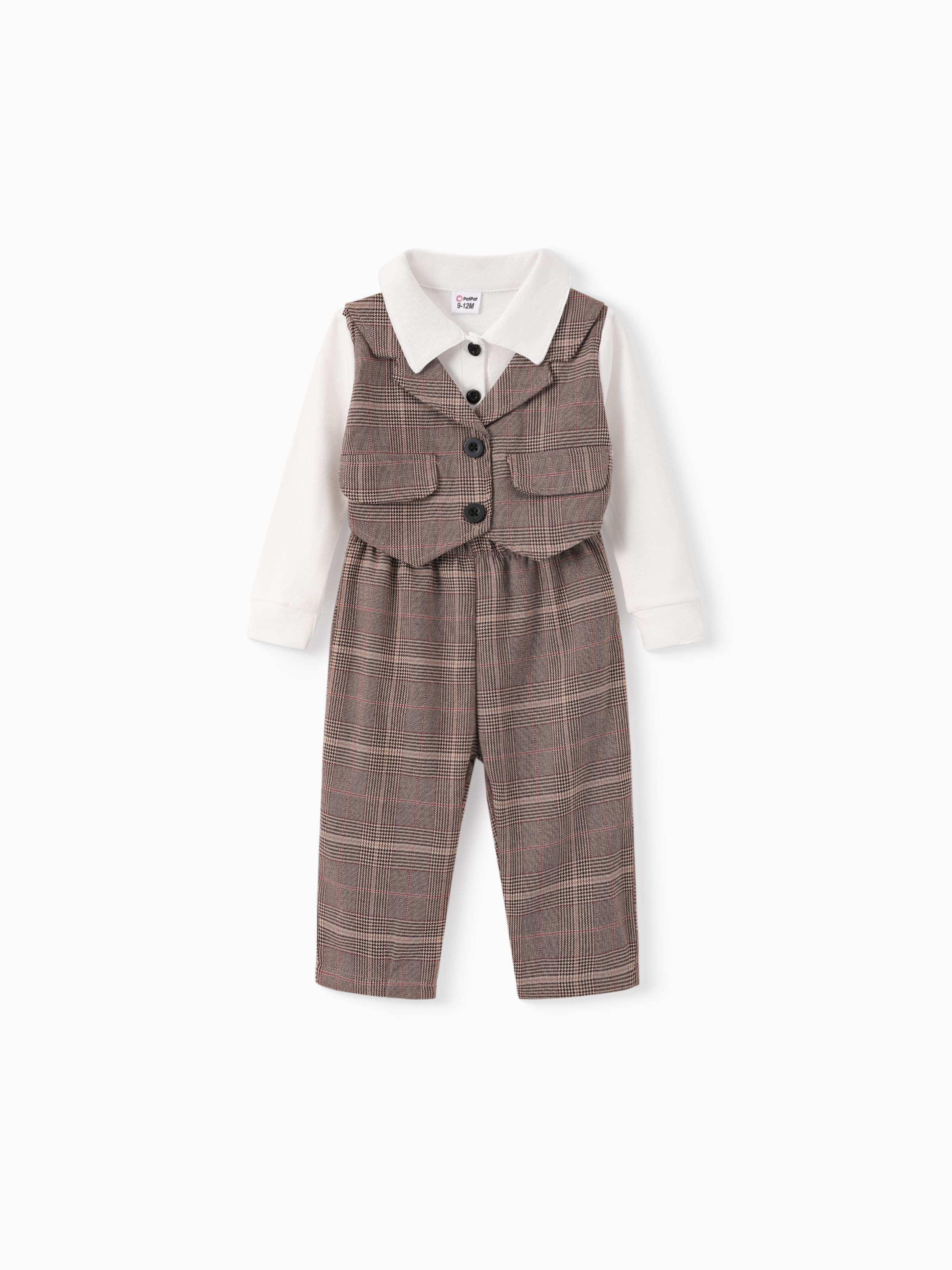 

Baby Boy 2pcs Faux-two Romper and Grid Pants Set