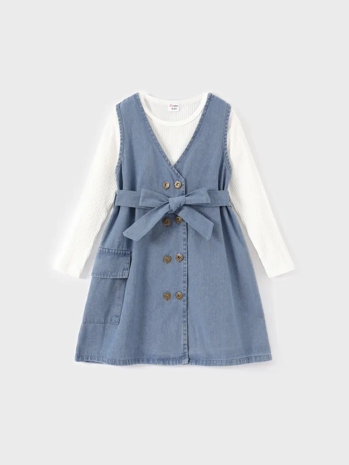 2pcs enfant fille avant-garde couleur unie t-shirt et secret bouton jean robe ensemble