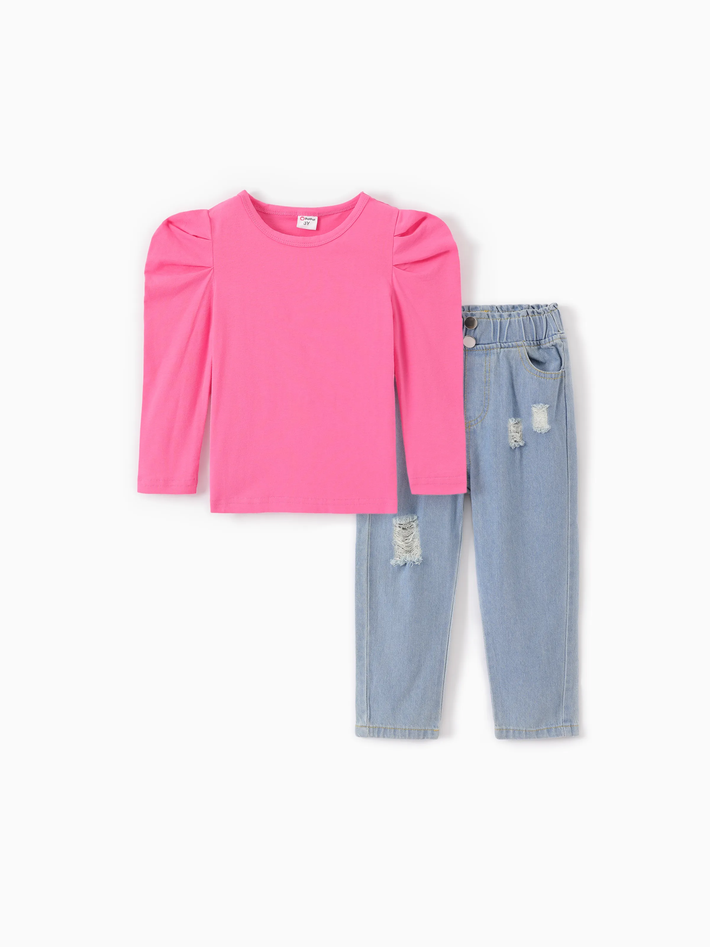 2pcs Toddler Girl Ruched Long-sleeve Top and Ripped Jeans Set