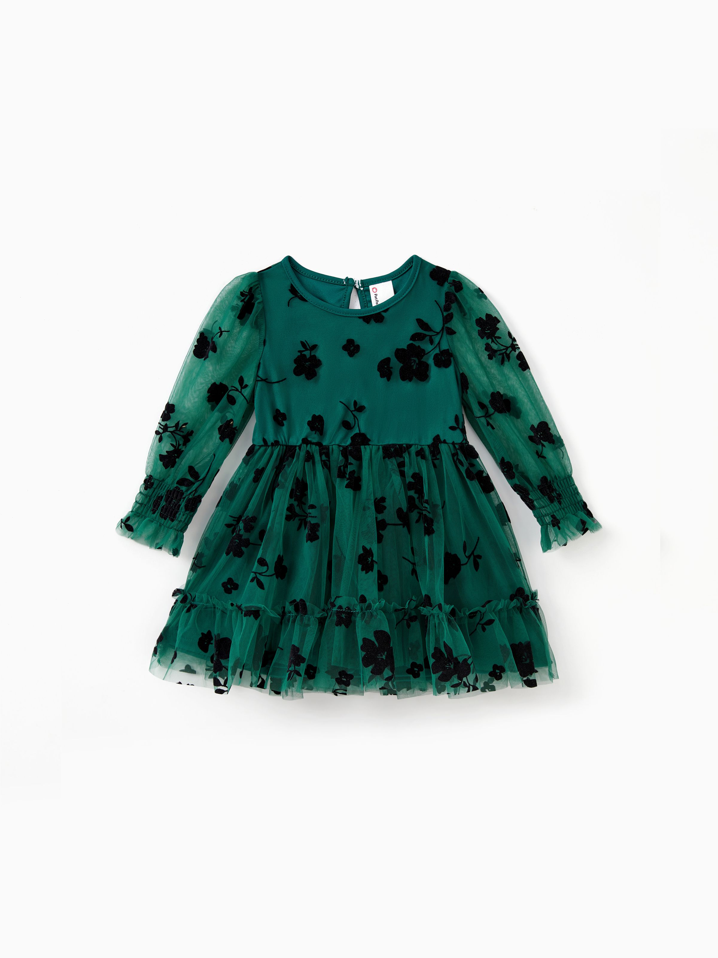 Vestido de tul bordado de manga larga verde de Mommy and Me con botón a presión oculto