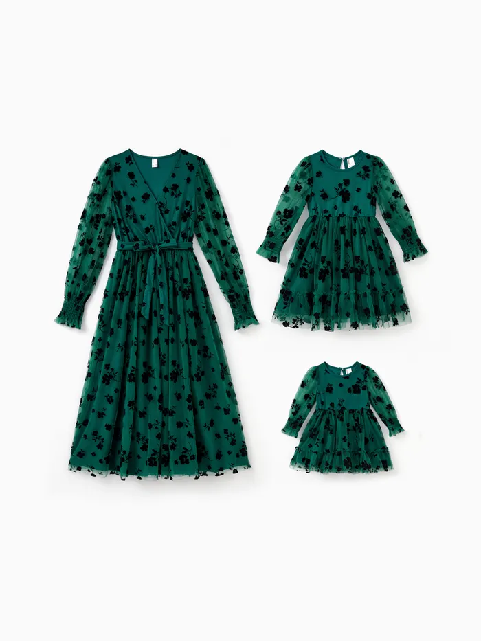 Mommy and Me Green Long Sleeves Embroidered Tulle Dress with Hidden Snap Button