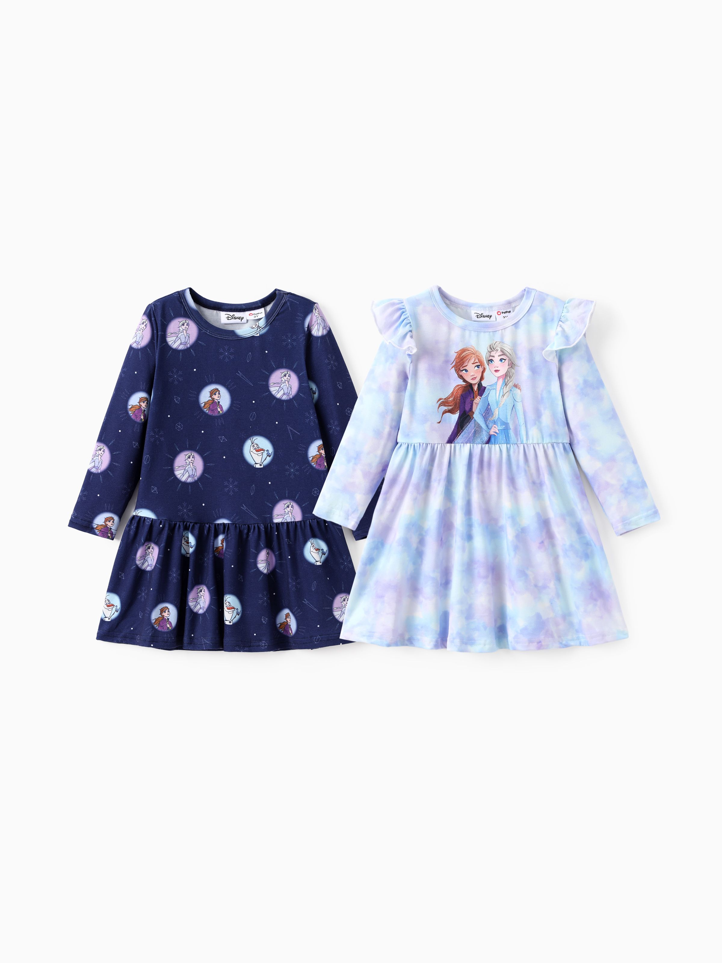 

Disney Frozen Toddler Girl 2-Pack Naia™ Elsa Anna Olaf Pattern Flutter-sleeve Dress And Ruffle-hem Dress Set