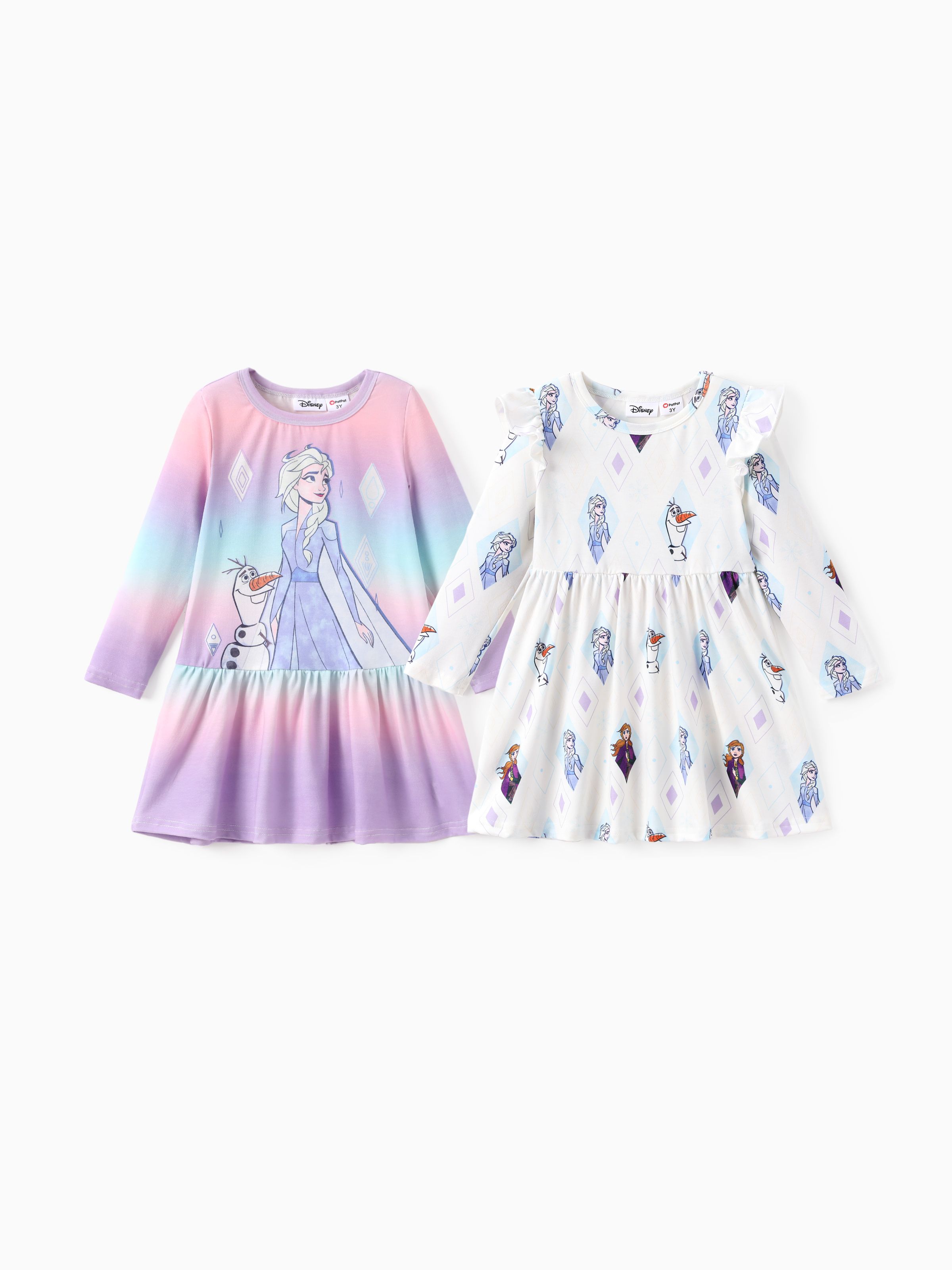 

Disney Frozen Toddler Girl 2-Pack Naia™ Elsa Anna Olaf Pattern Flutter-sleeve Dress And Ruffle-hem Dress Set