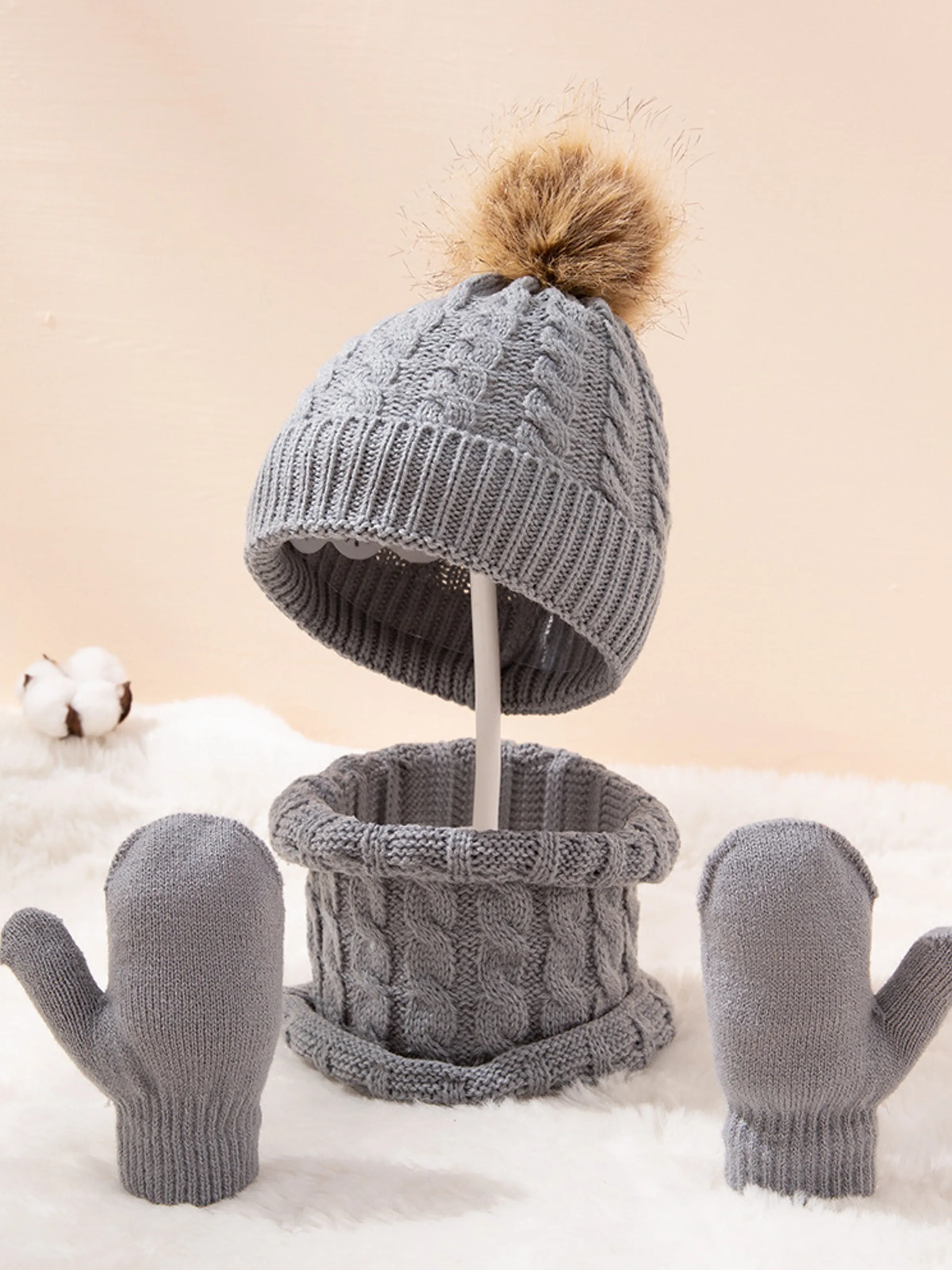 3-pack Baby / Toddler Pompon Decor Pure Color Cable Knit Beanie Hat and Scarf and Mittens Set Grey