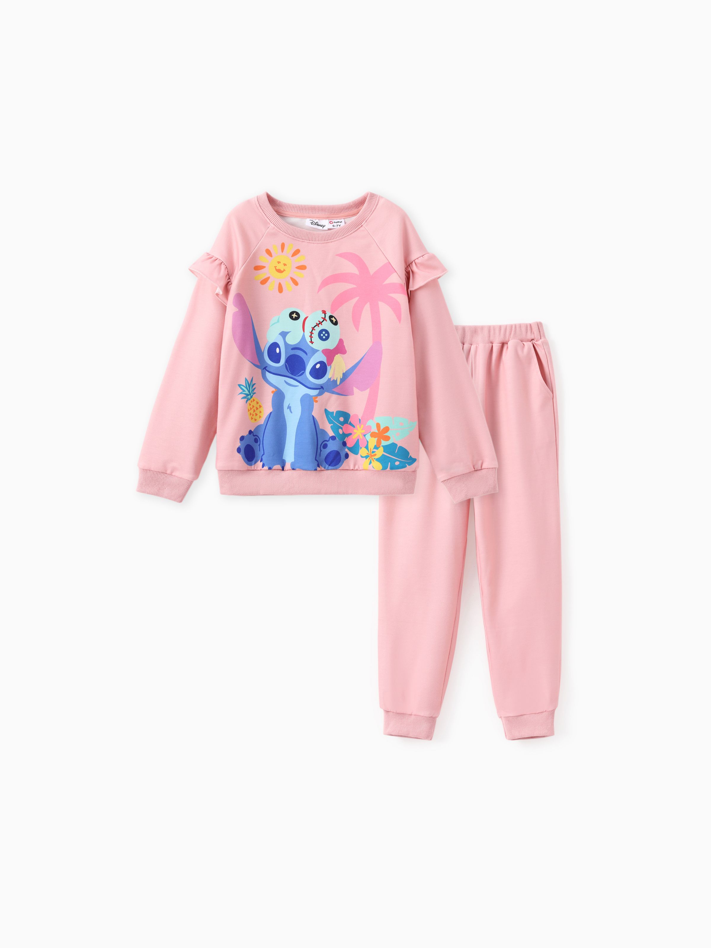 

Disney Stitch Kid Girl 2pcs Floral And Palm Pattern Ruffled Long-sleeve Sweatshirt And Pants Set