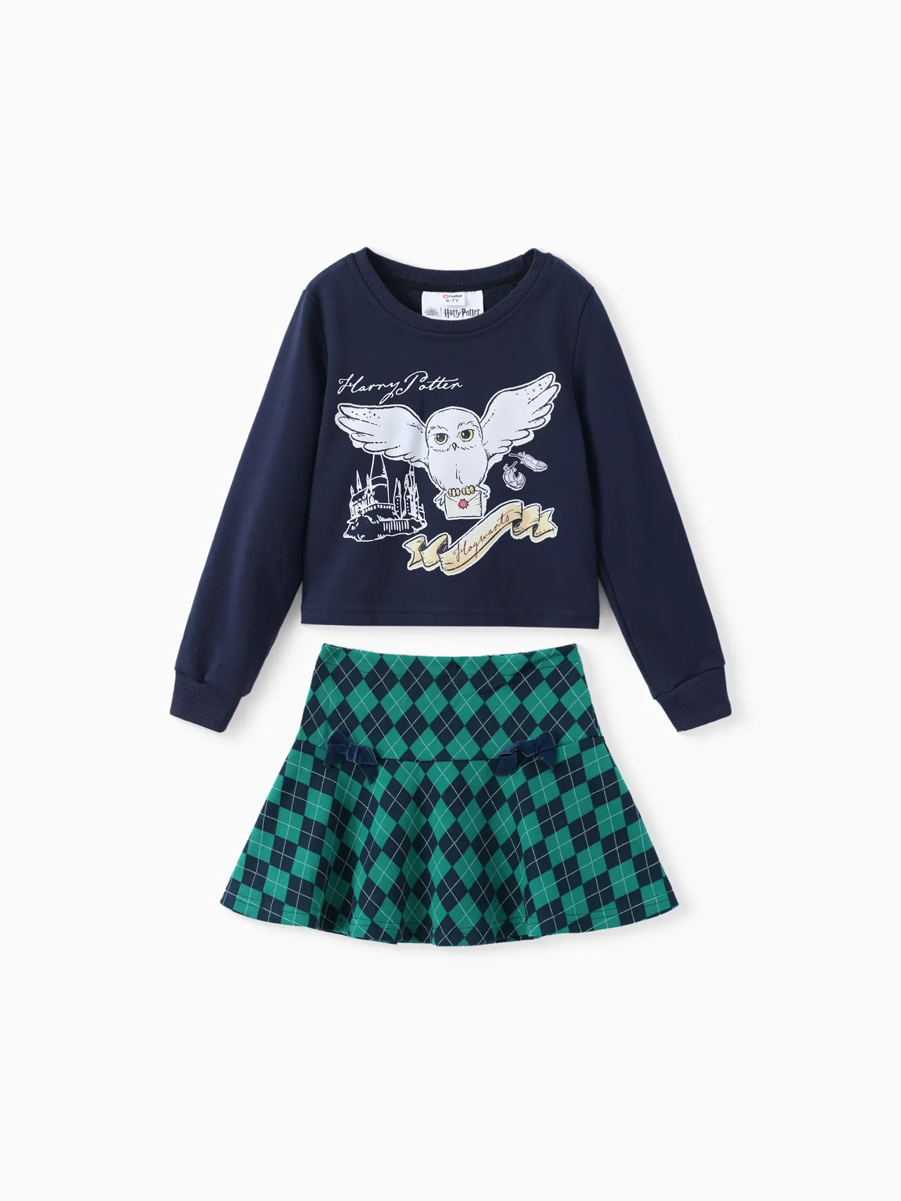 

Harry Potter Kid Girl 2pcs Owl Print Long-sleeve Sweatshirt And Bow tie Plaid Skirt Set