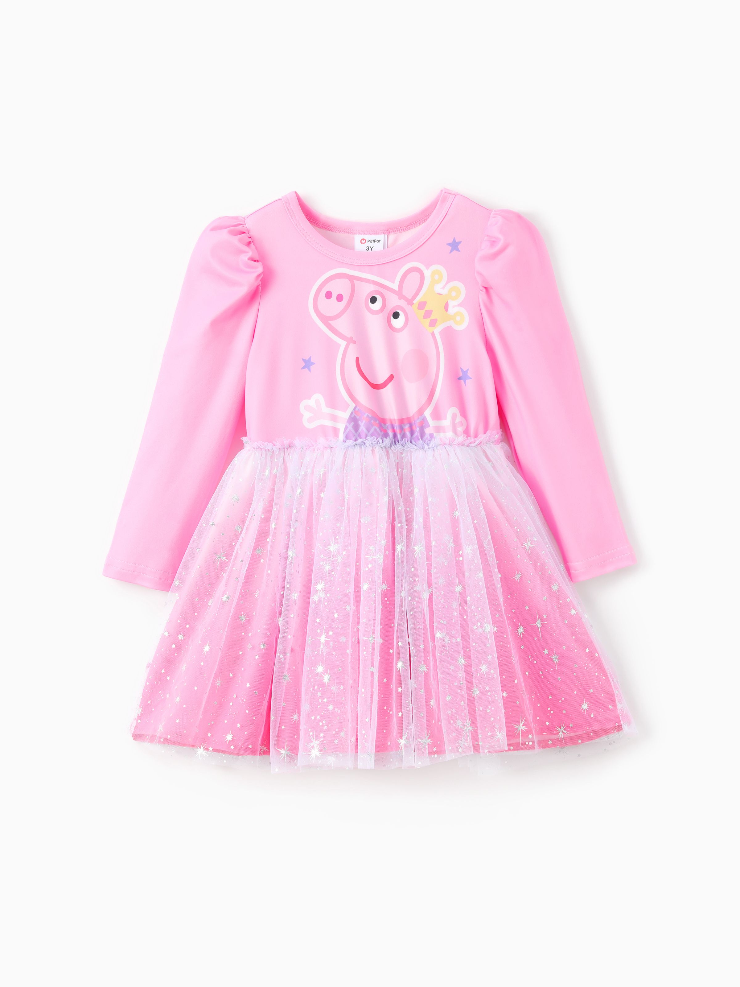 Peppa Pig Toddler Girl 1pc Character Pattern Long sleeve Gradient 3D Floral Mesh Dress