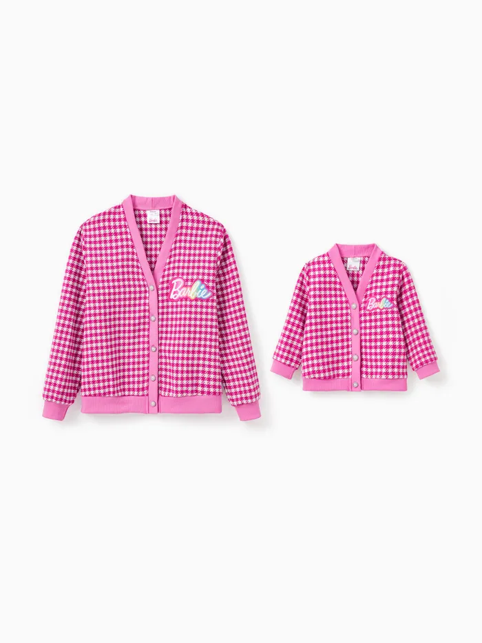 Barbie maman et moi 1pc logo imprimé pied-de-poule perle bouton tricoté manteau 