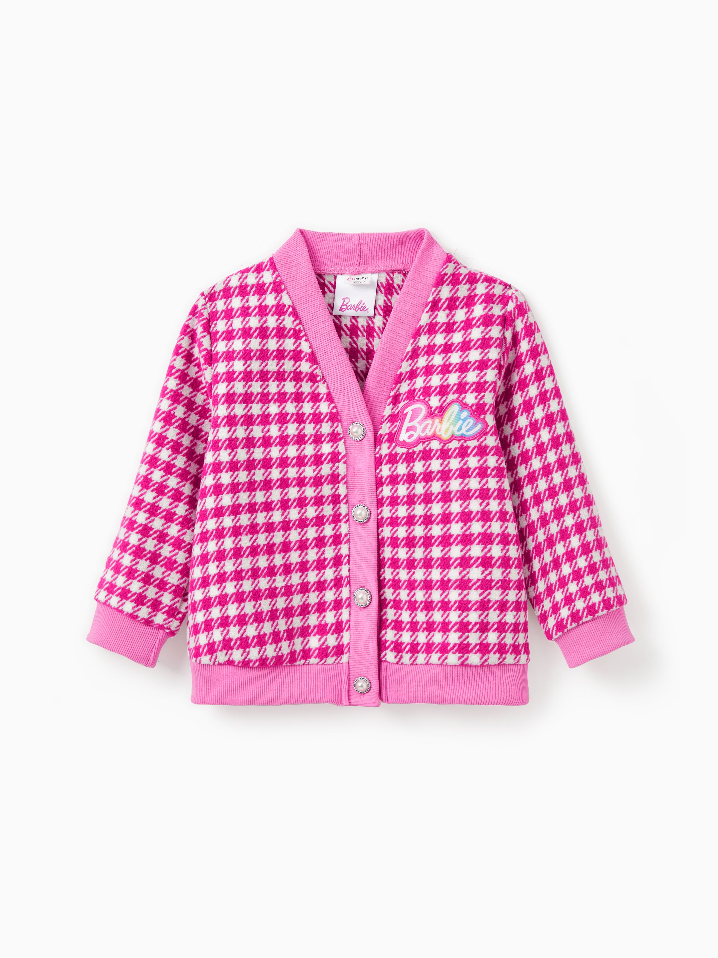 

Barbie Mommy And Me 1pc Logo Print Houndstooth Pearl Button Knitted Coat