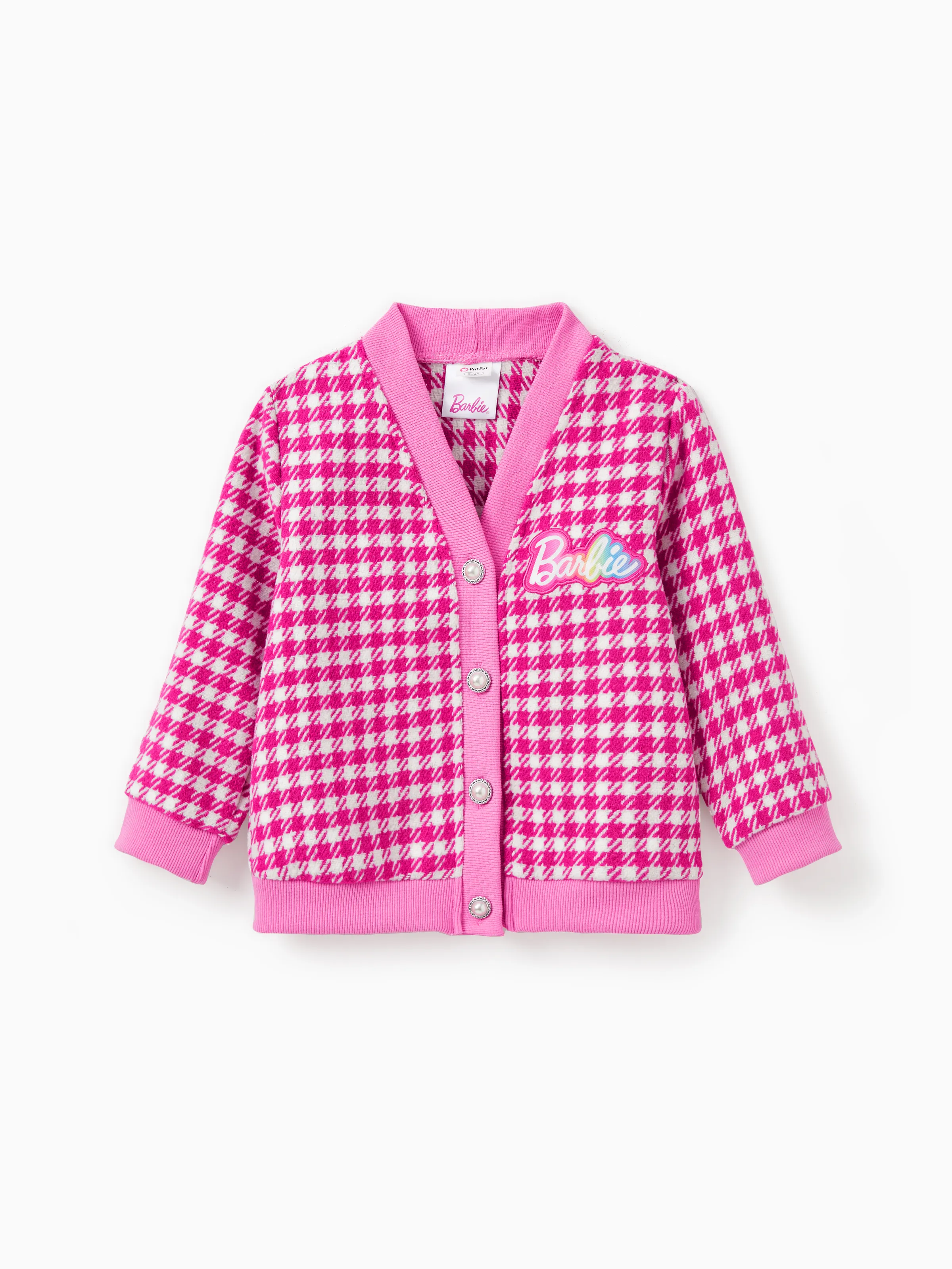 

Barbie Clothing Mommy And Me 1pc Logo Print Houndstooth Pearl Button Knitted Coat