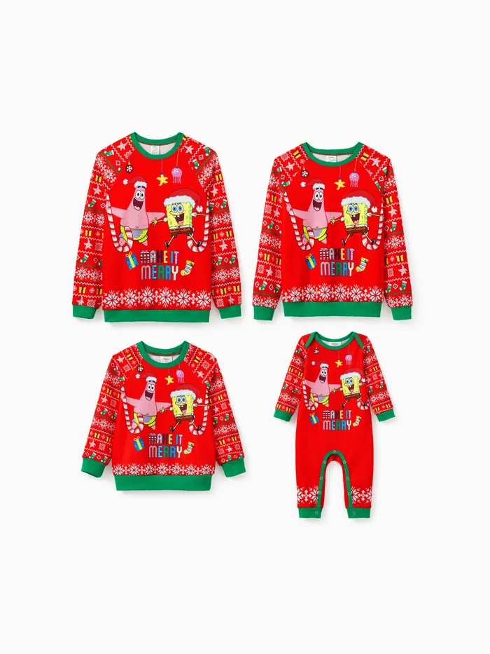 SpongeBob Schwammkopf Familie passendes 1-teiliges Weihnachtsmuster Langarm-Sweatshirt/Jumpsuit 
