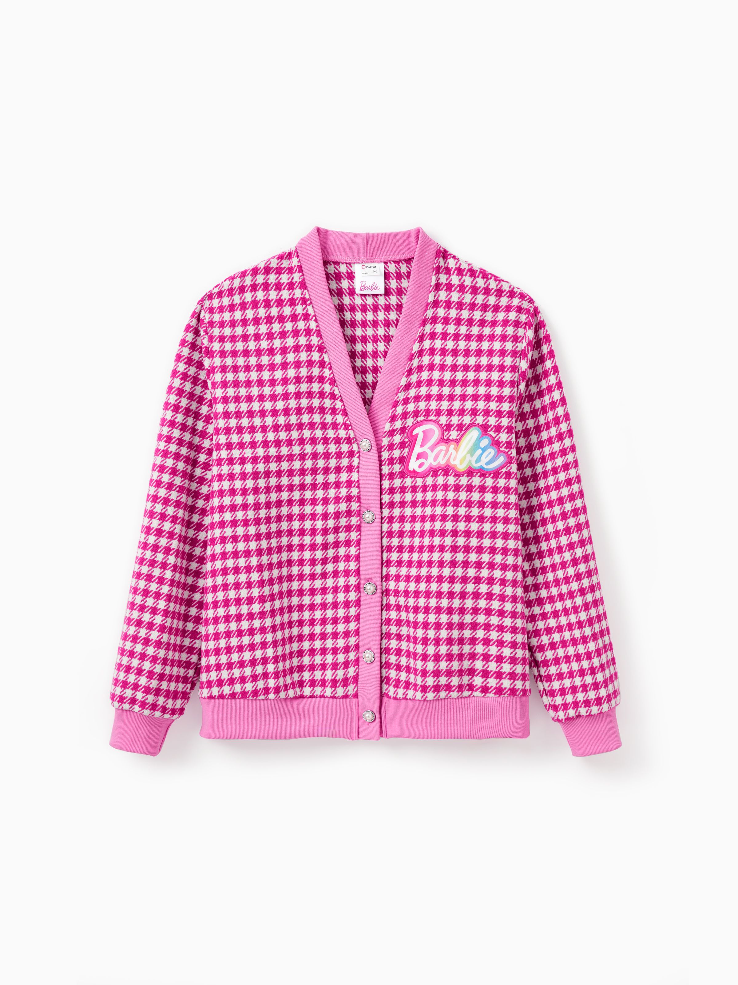 

Barbie Mommy And Me 1pc Logo Print Houndstooth Pearl Button Knitted Coat