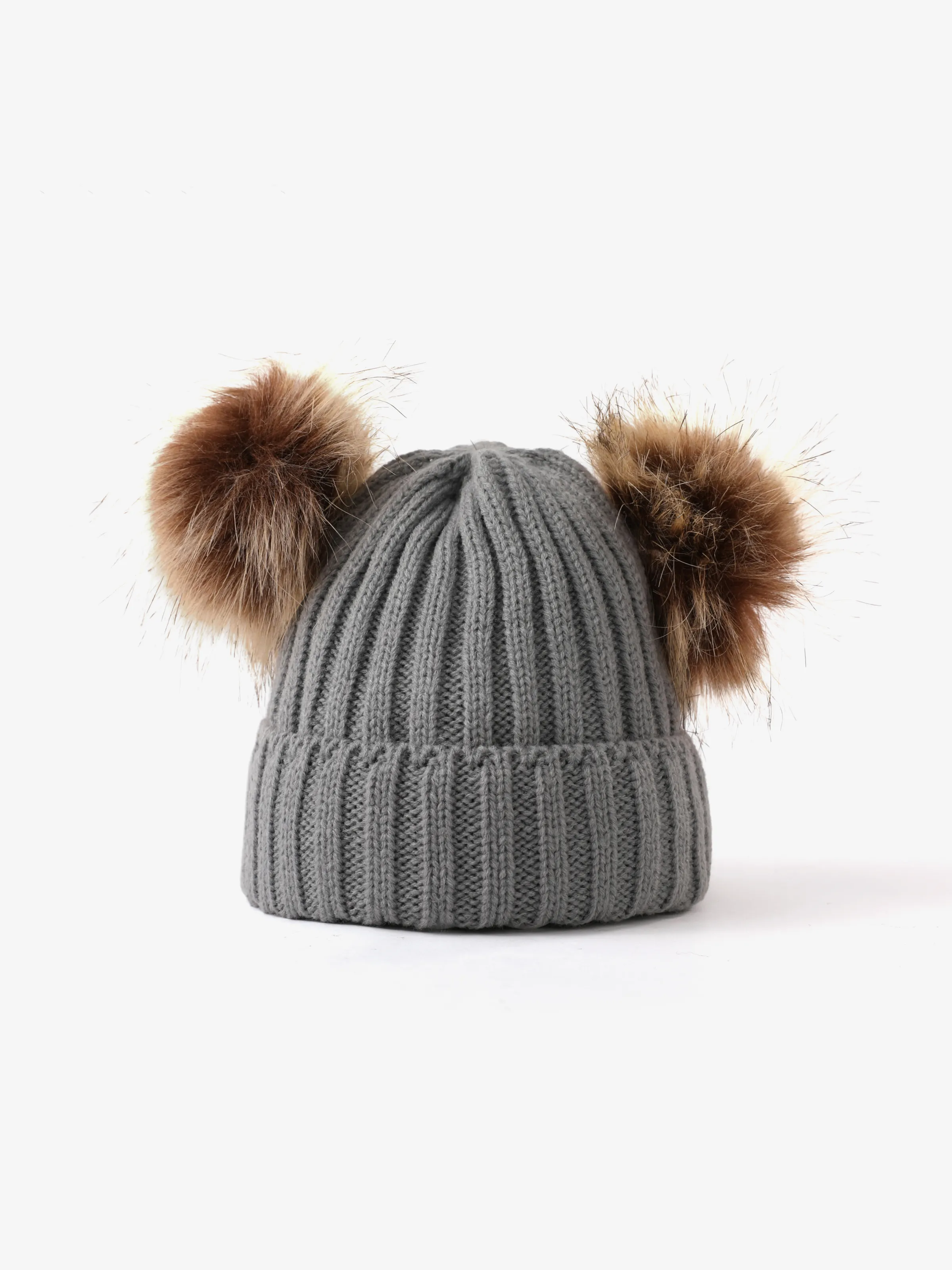 Double Hairball Knitted Beanie Hats for Mommy and Me Grey