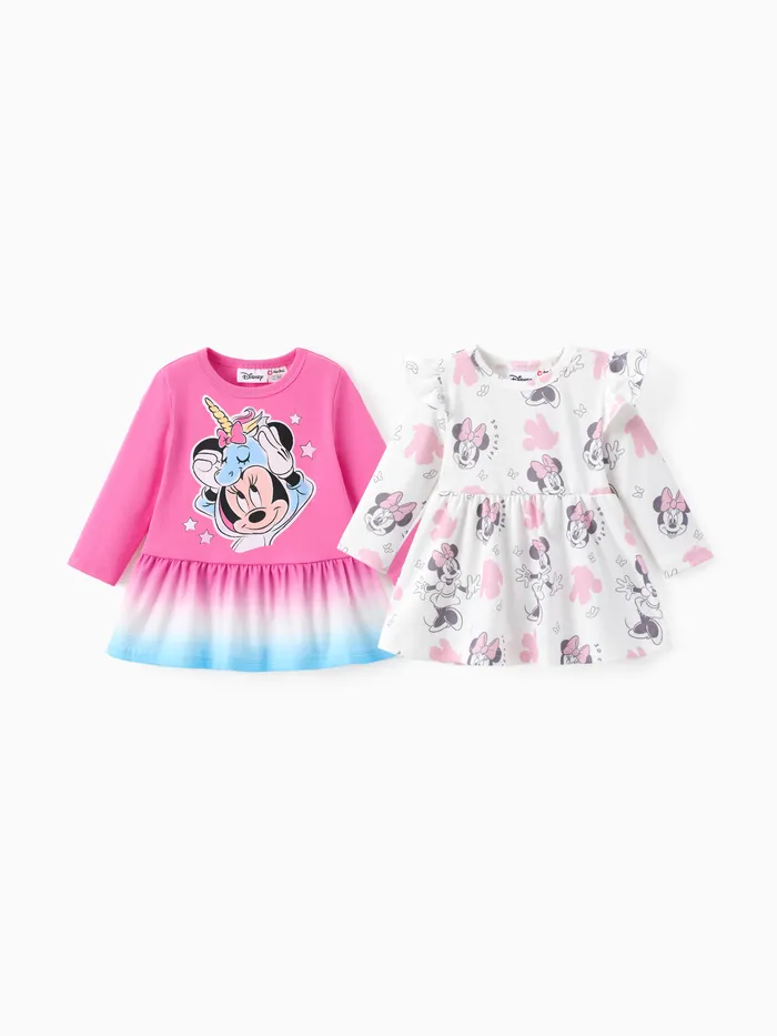 Disney Mickey and Friends Bebé/Niña Pequeña Paquete de 2 Minnie Mouse Vestido Degradado de Unicornio de Algodón y Naia™ Conjunto de Vestido con mangas Flutter 