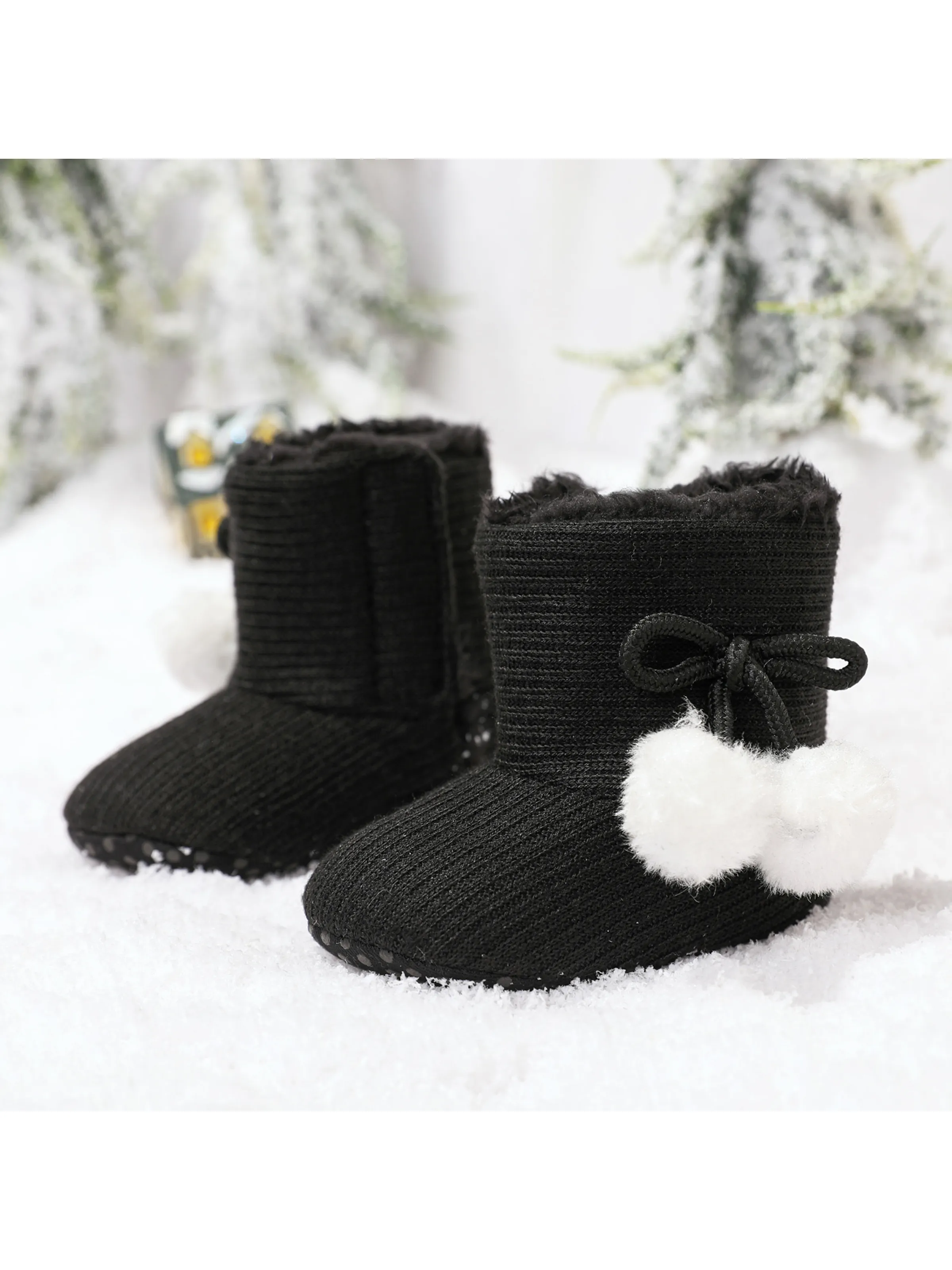 

Baby / Toddler Girl Knitted Bowknot Fluff Ball Fleece-lining Prewalker Shoes