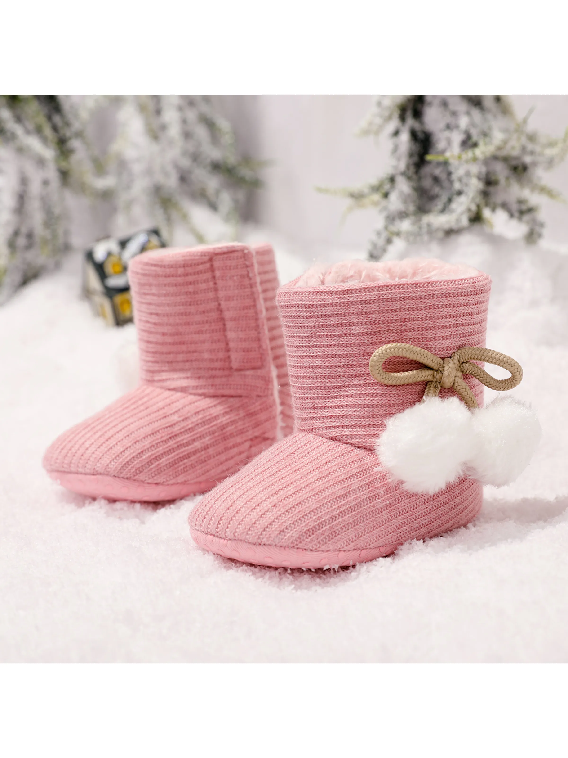 Baby / Toddler Girl Knitted Bowknot Fluff Ball Fleece-lining Walking Shoes Pink