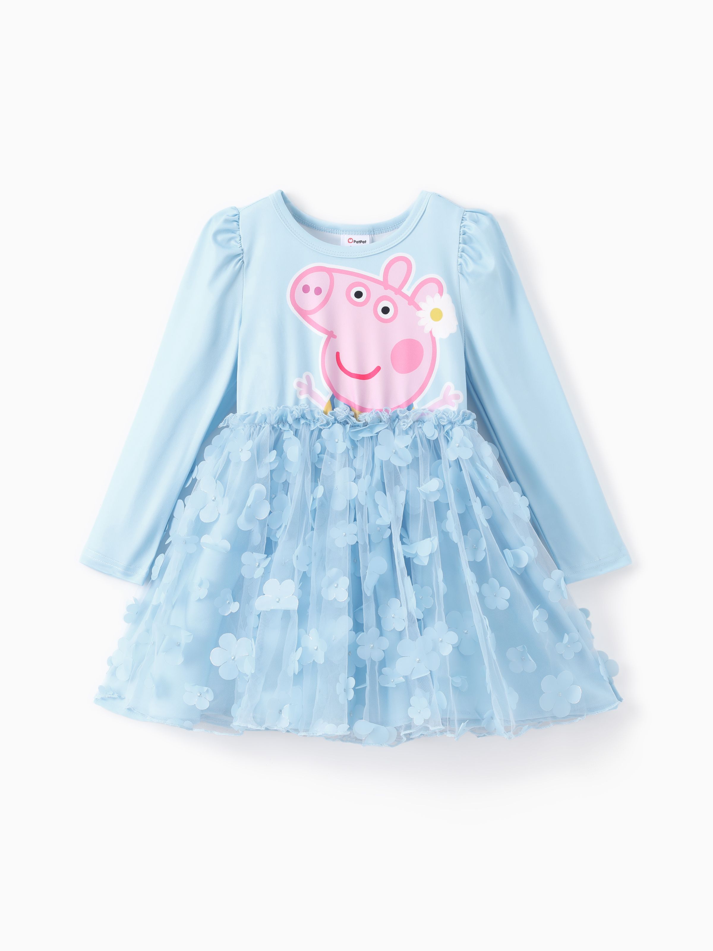 

Peppa Pig Toddler Girl 1pc Character Pattern Long-sleeve Gradient/3D Floral Mesh Dress