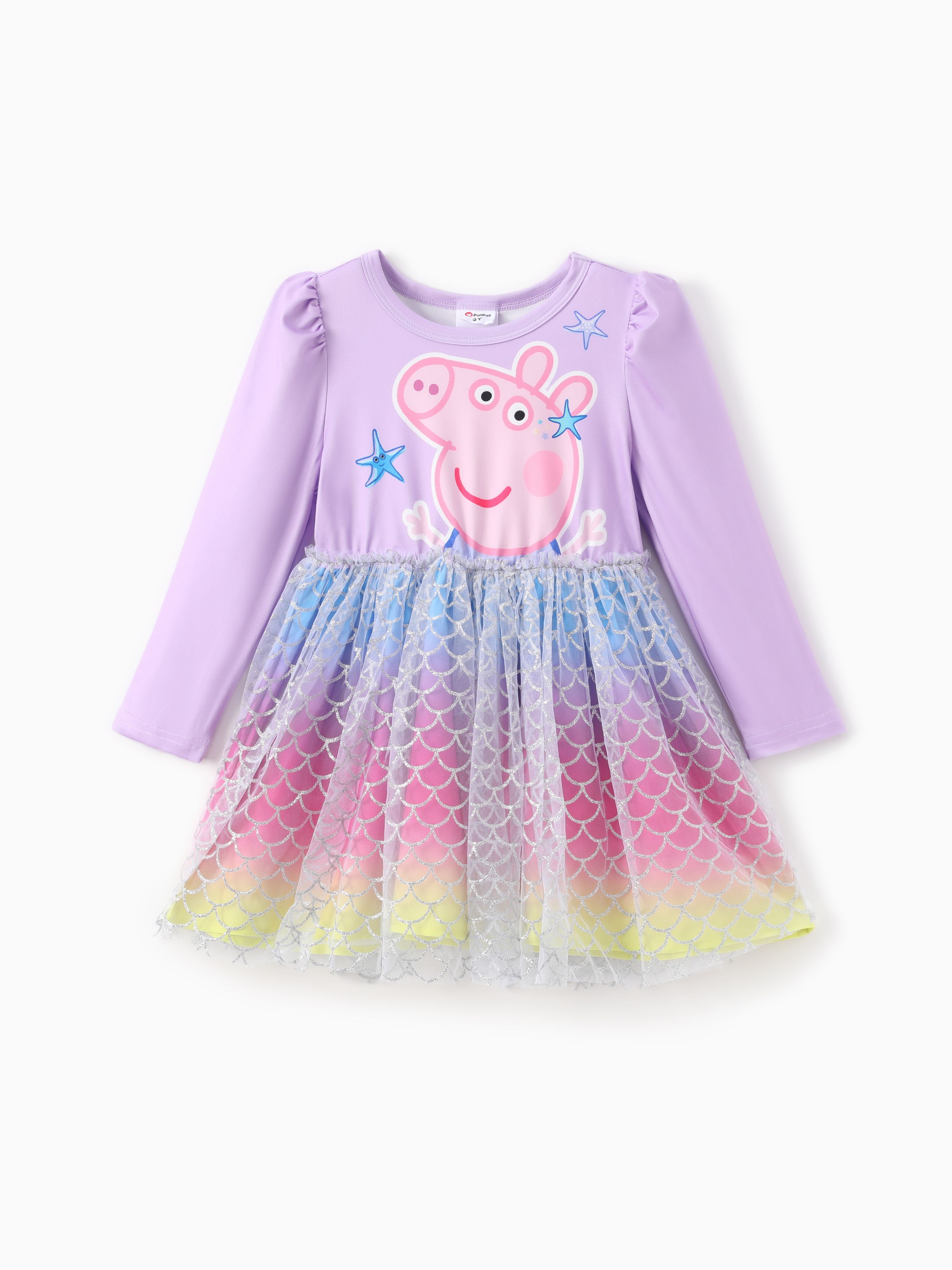 

Peppa Pig Toddler Girl 1pc Character Pattern Long-sleeve Gradient/3D Floral Mesh Dress