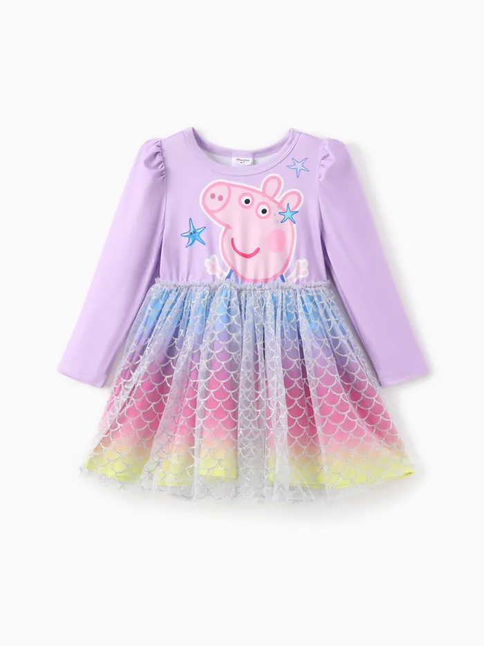 Peppa Pig Toddler Girl 1pc Character Pattern Long-sleeve Gradient/3D Floral Mesh Dress 