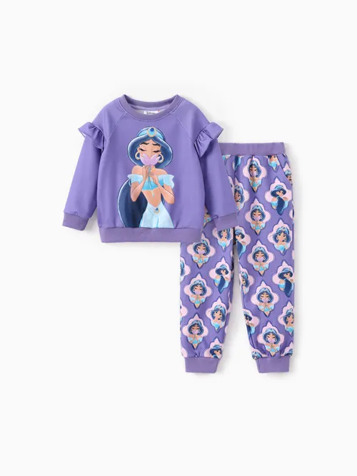 Princesa Disney Niña Pequeña 2pcs Jazmín / Cindere / Aurora / Bella Patrón Sudadera De Manga Larga Con Volantes Y Conjunto De Pantalones 