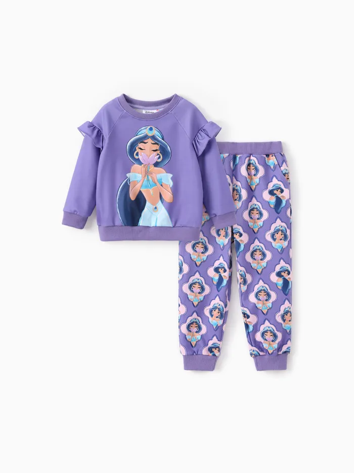 Disney Princess Toddler Girl 2pcs Jasmine/Cindere/Aurora/Bella Pattern Ruffled Long-sleeve Sweatshirt And Pants Set 