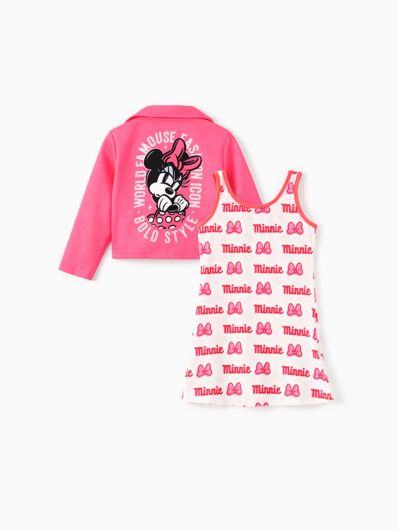 

Disney Mickey and Friends Toddlers/Kid Girl 2pcs Minnie Mouse Lapel Collar Jacket And Naia™ Bowknot Pattern Tank Dresses Set