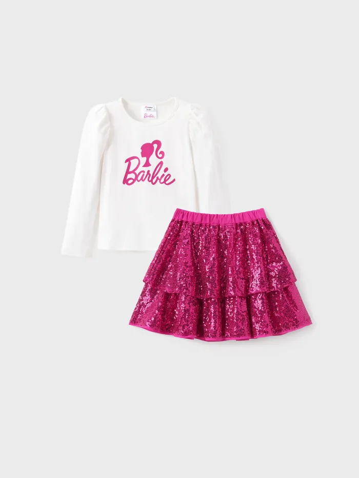 Barbie Tout-petit / Enfant Fille 2pcs Logo Print Haut En Coton À Manches Bouffantes Et Jupe À Paillettes Ensemble 