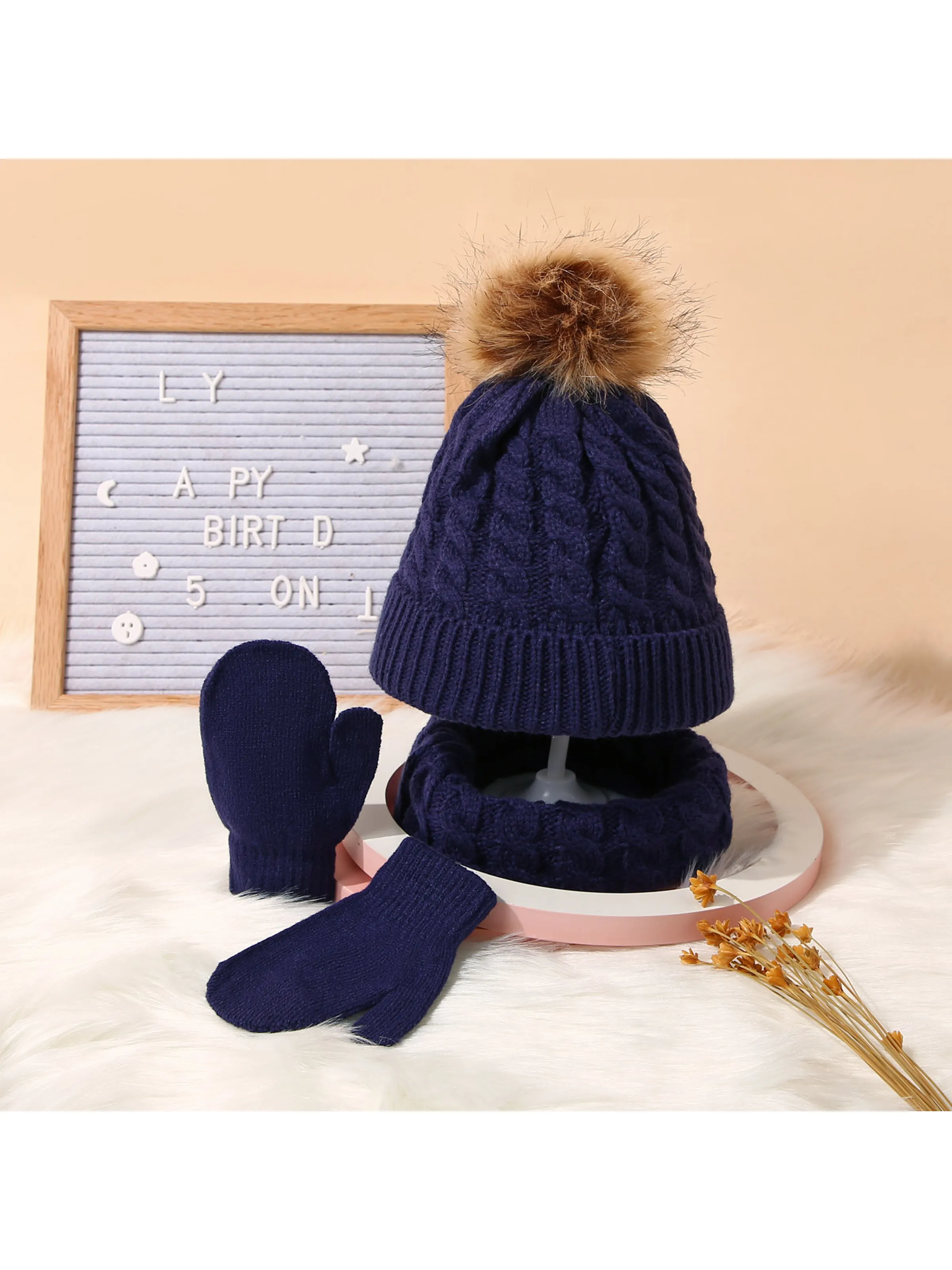 3-pack Baby / Toddler Pompon Decor Pure Color Cable Knit Beanie Hat and Scarf and Mittens Set Dark Blue