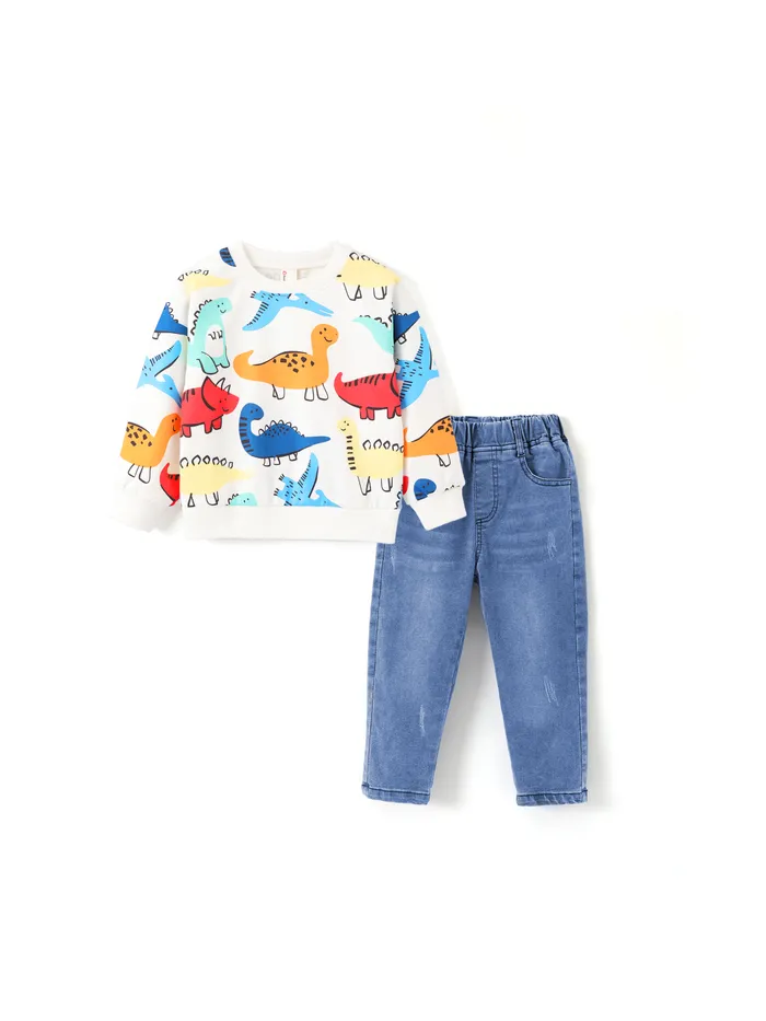 Enfant Garçon 2pcs Dinosaur Print Sweatshirt et Jeans en denim Ensemble