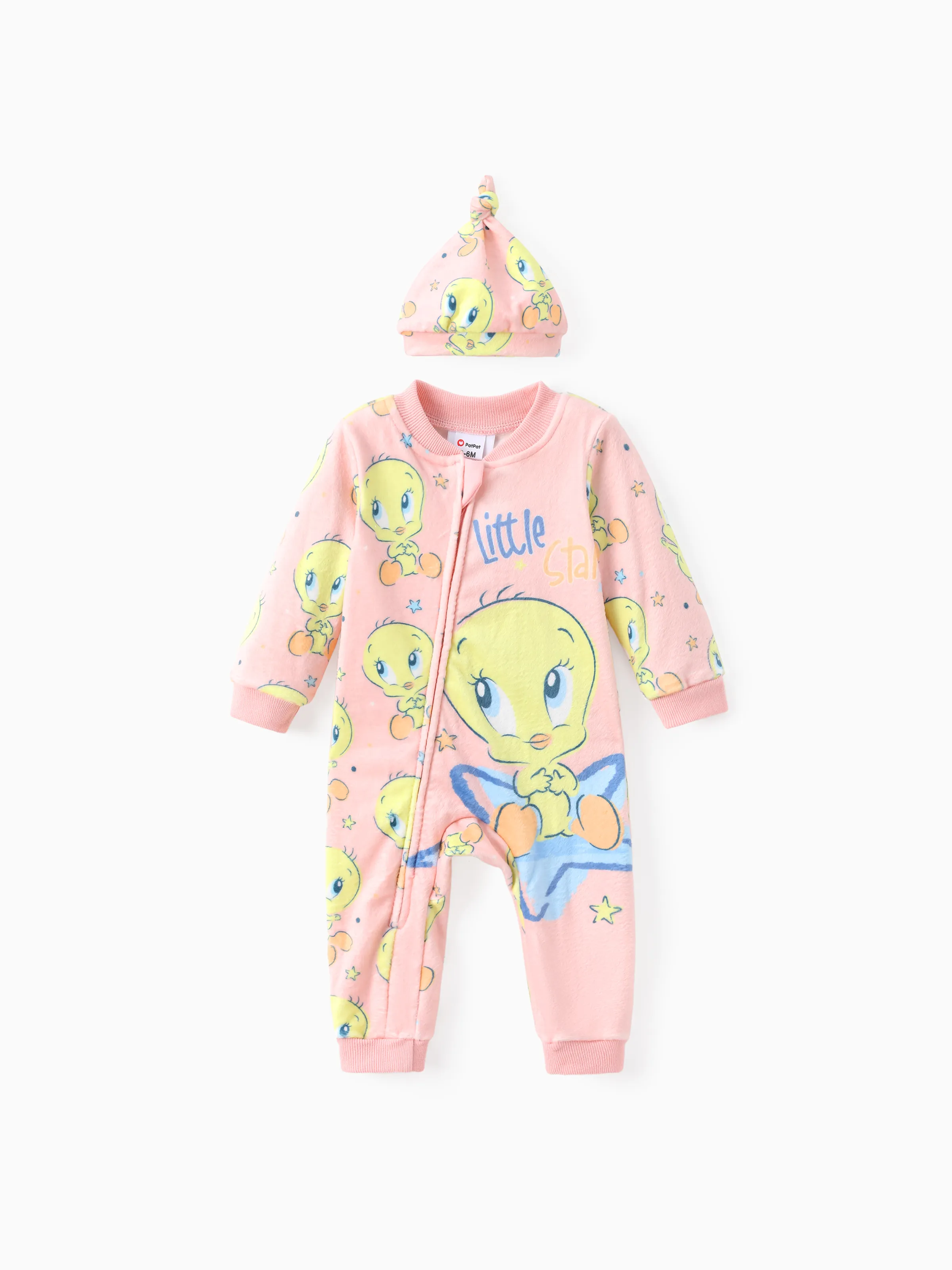 Looney Tunes Baby Junge/Mädchen 2pcs Charakter Muster Fleece Langärmeliger Reißverschluss Jumpsuit mit Hut Set 