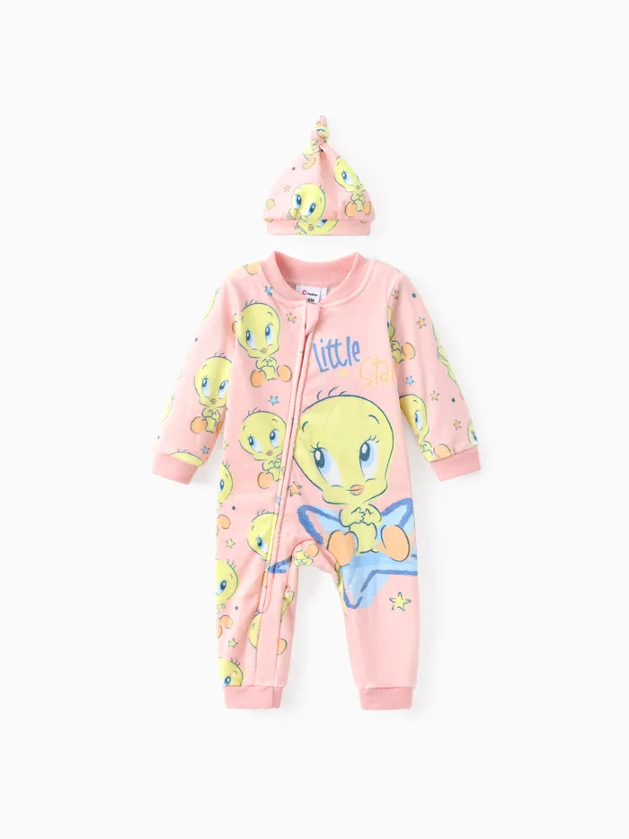 Looney Tunes Bébé Garçon/Fille 2pcs Motif Personnage Combinaison Zipper À Manches Longues Avec Chapeau Ensemble 