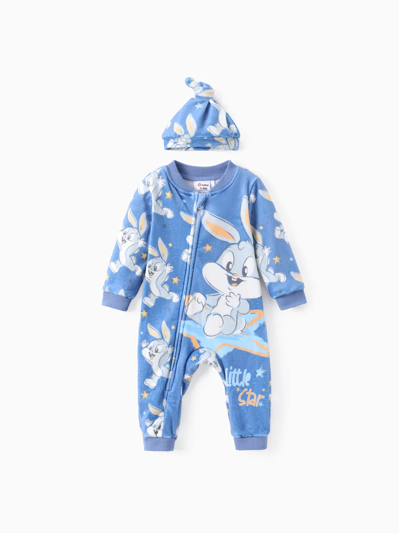 Looney Tunes Baby Junge/Mädchen 2pcs Charakter Muster Langärmeliger Reißverschluss Jumpsuit Mit Hut Set