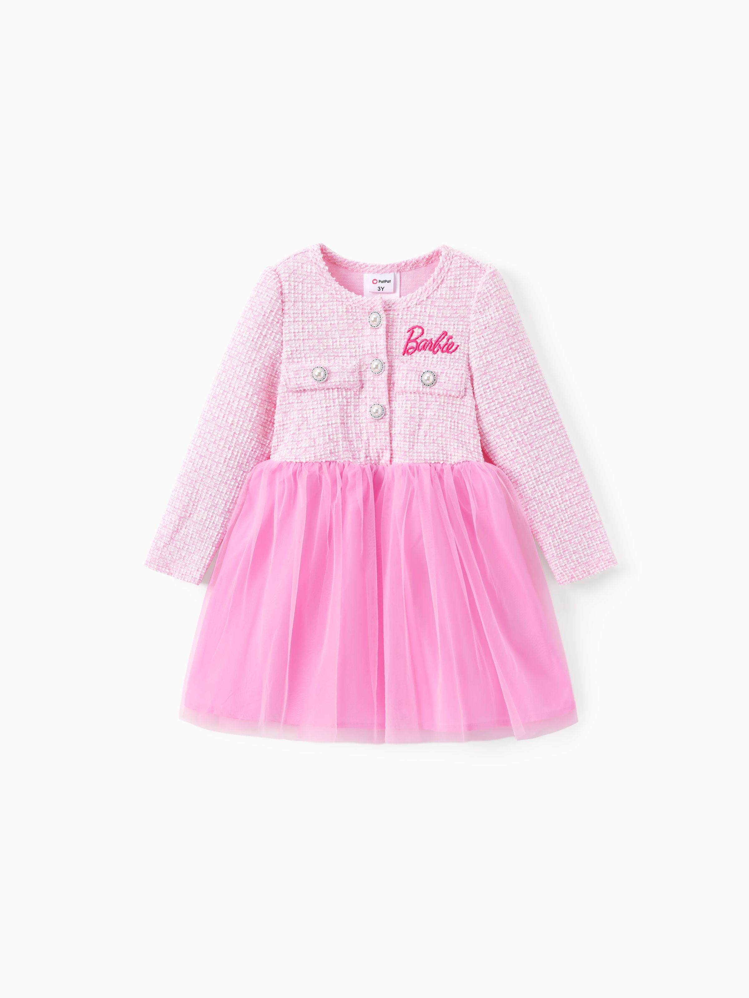 

Barbie Toddler/Kid Girl 1pc Logo Embroidered Pearl Button Long-sleeve Tulle Dresses