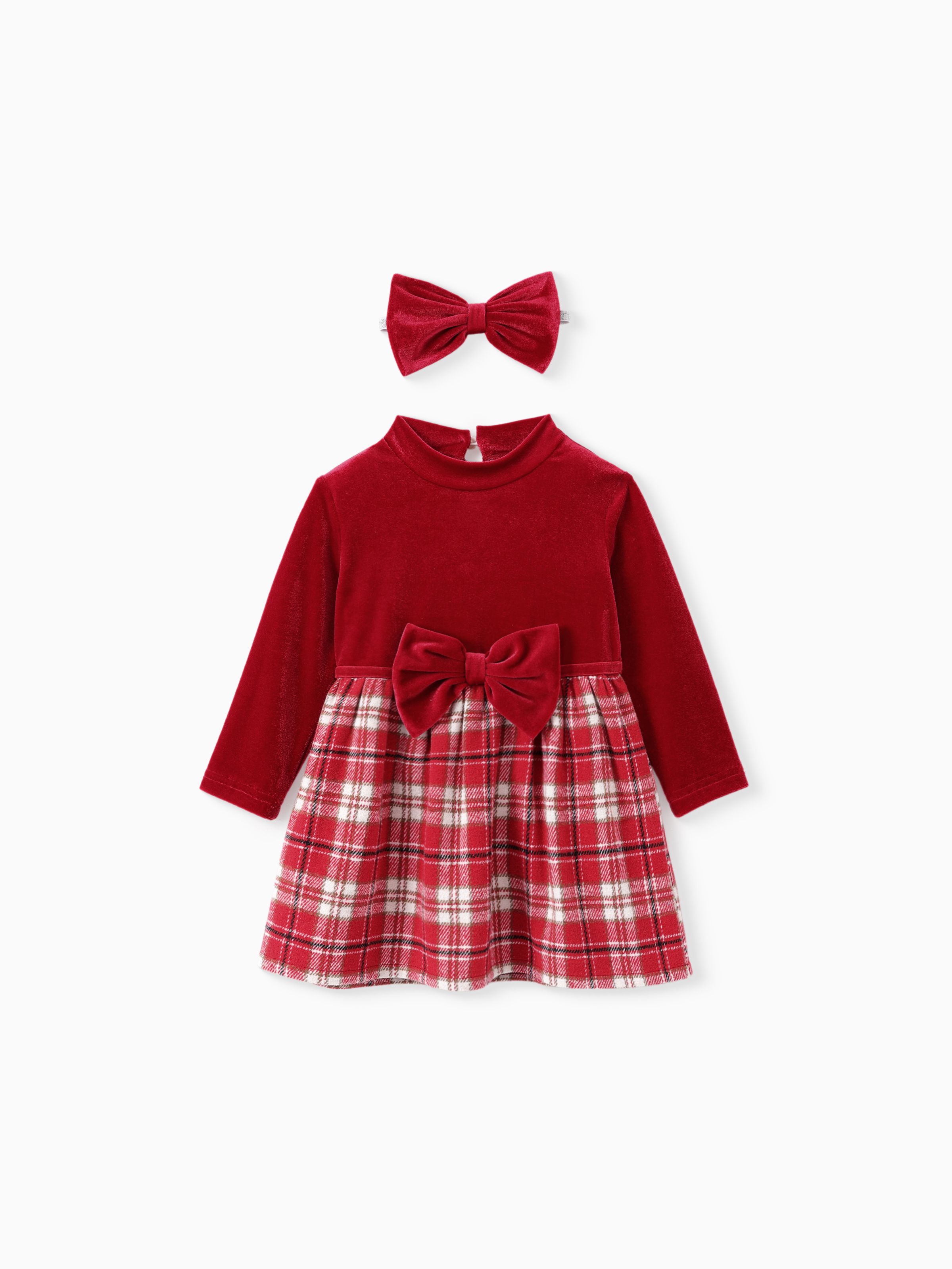 

Baby Girl Grid Print Velvet Spliced Dress with Headband