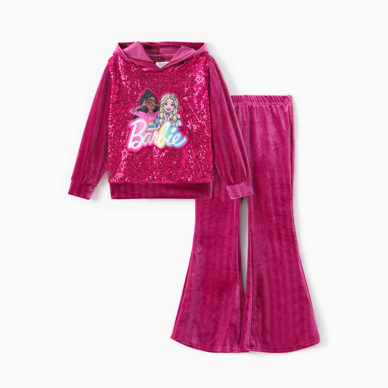 Barbie Clothing Toddler/Kid Girl 2pcs Character Embroidered Sequin Velvet Hooded Top And Flared Pants Set